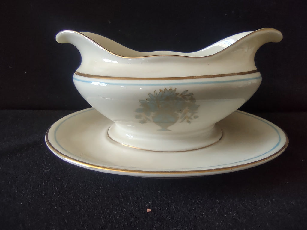 Vintage Castleton China Dorset Gravy Boat w Underplate Blue Gold [6741]