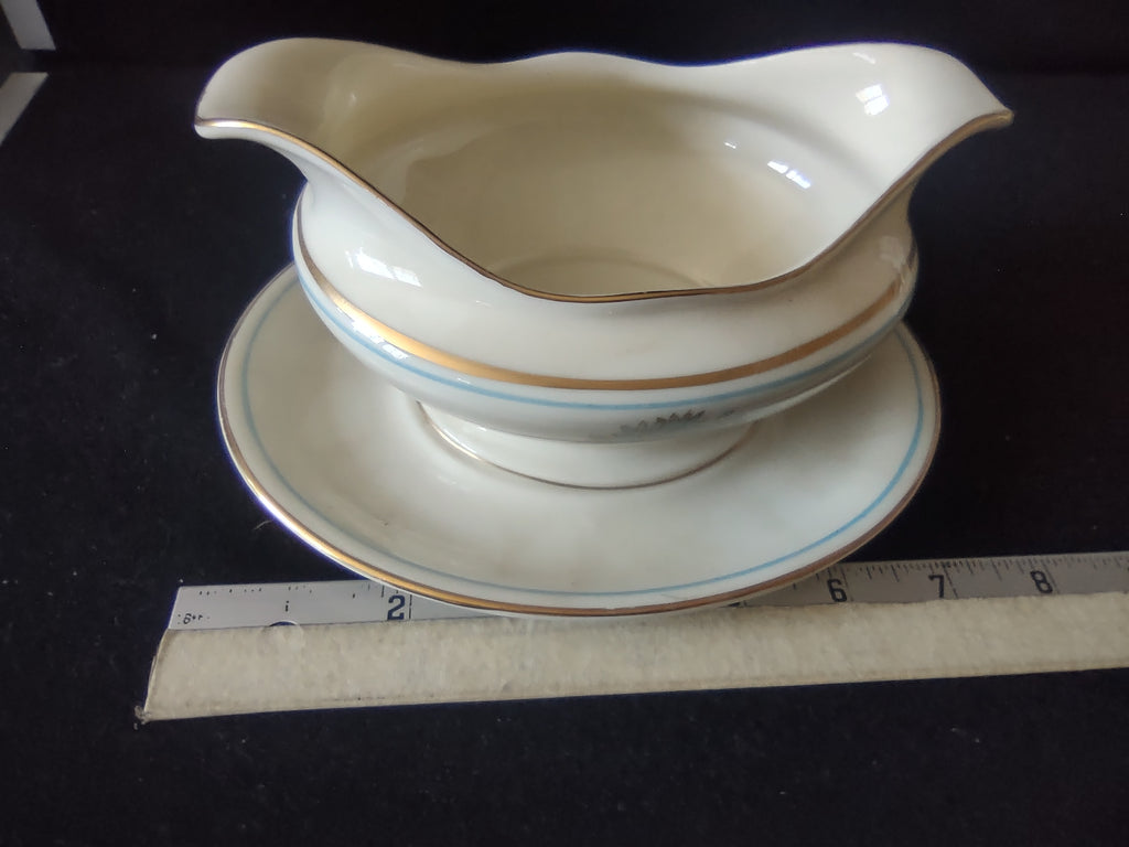 Vintage Castleton China Dorset Gravy Boat w Underplate Blue Gold [6741]