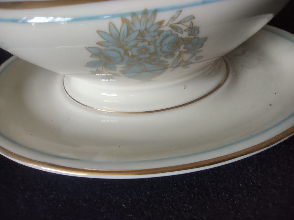 Vintage Castleton China Dorset Gravy Boat w Underplate Blue Gold [6741]