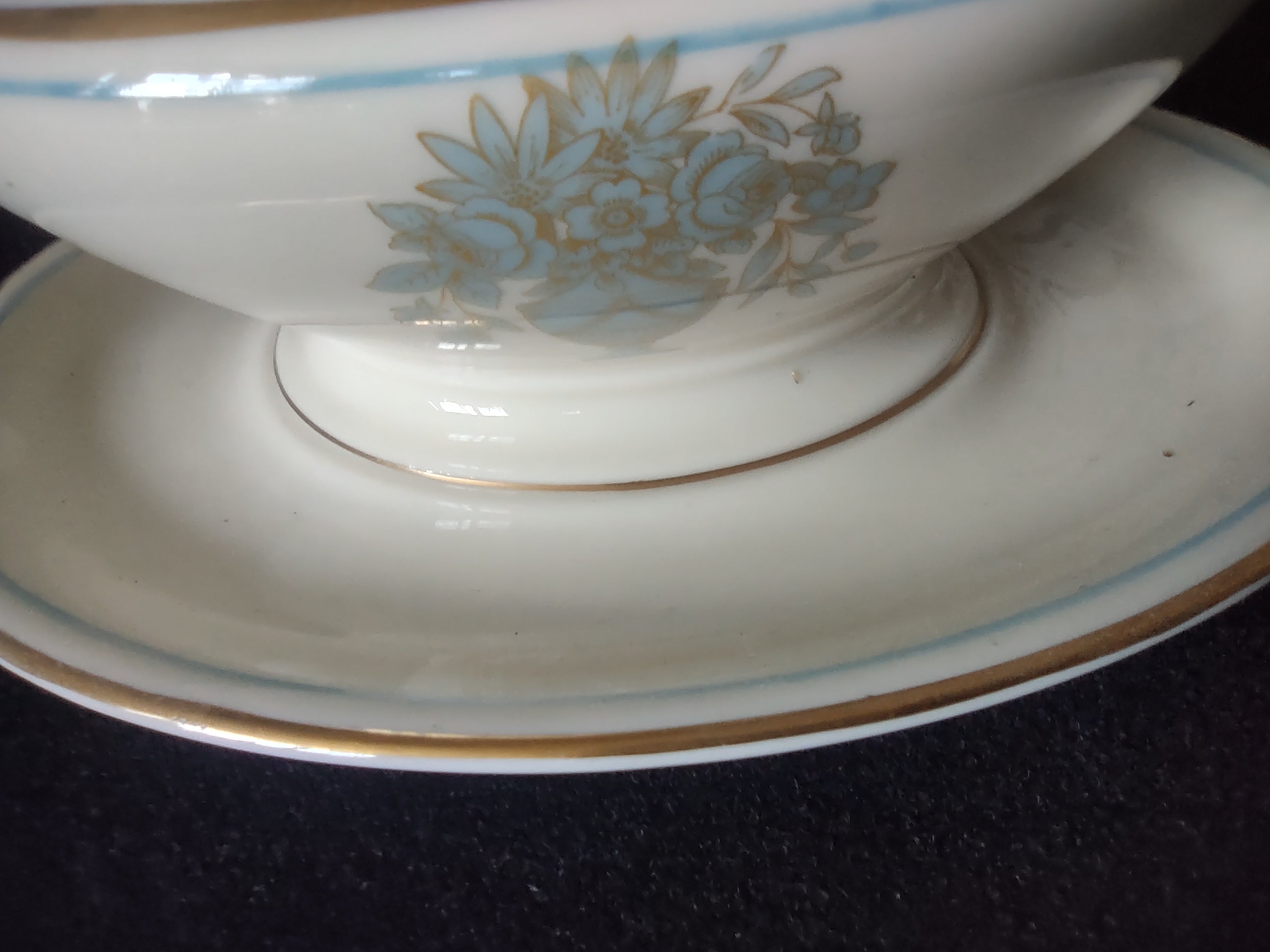 Vintage Castleton China Dorset Gravy Boat w Underplate Blue Gold [6741]