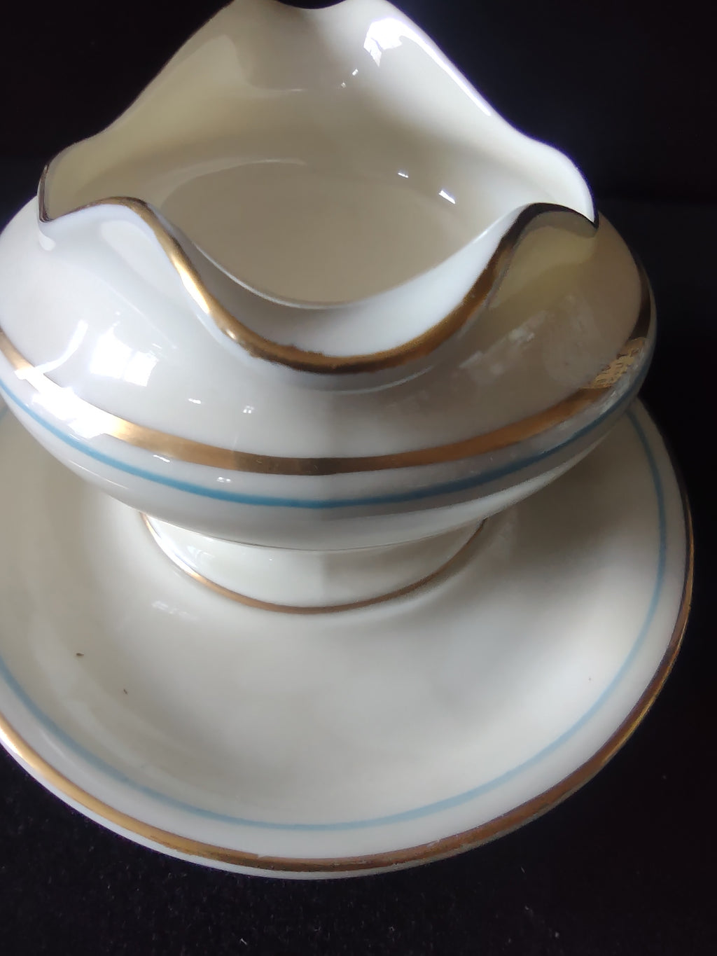 Vintage Castleton China Dorset Gravy Boat w Underplate Blue Gold [6741]