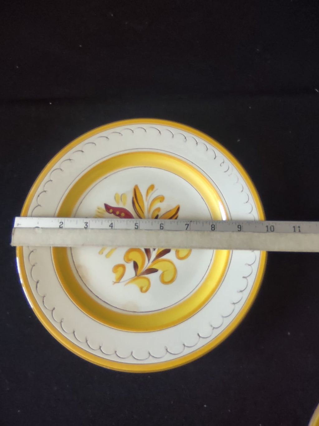 Vintage Stangl Provincial Dinner Plates 10" Set of 4 Yellow & Burgundy [6746]