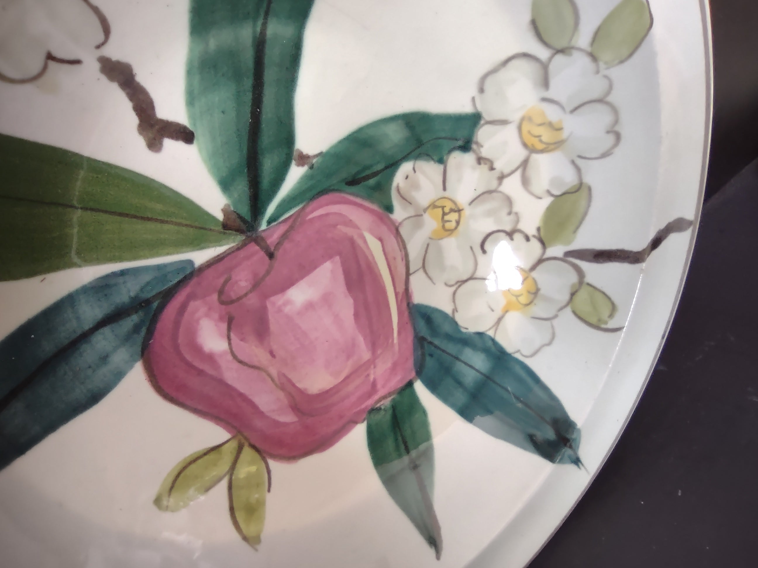Vintage Red Wing Apple Serving Bowl 9" Hand Painted Floral Pink [6771]