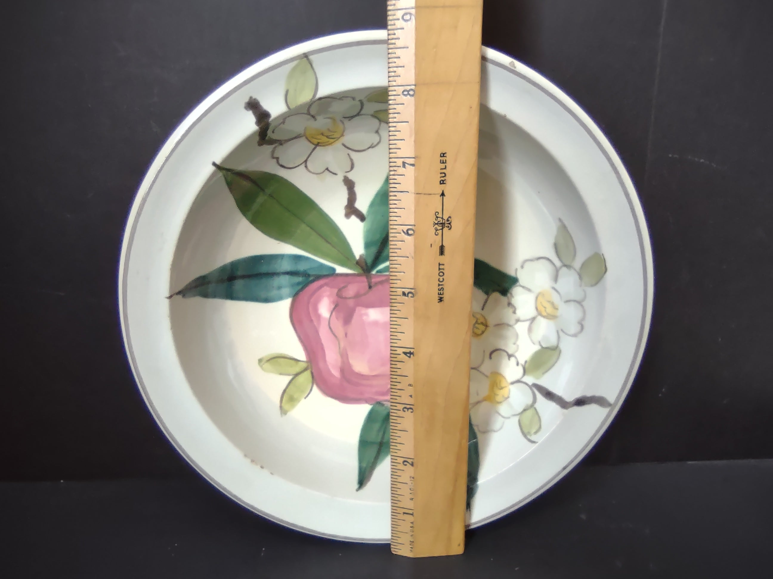 Vintage Red Wing Apple Serving Bowl 9" Hand Painted Floral Pink [6771]