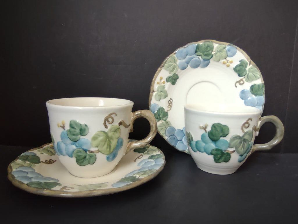 Vintage Metlox Poppytrail Grape Cup & Saucer Set of 2 Blue & Green [6769]