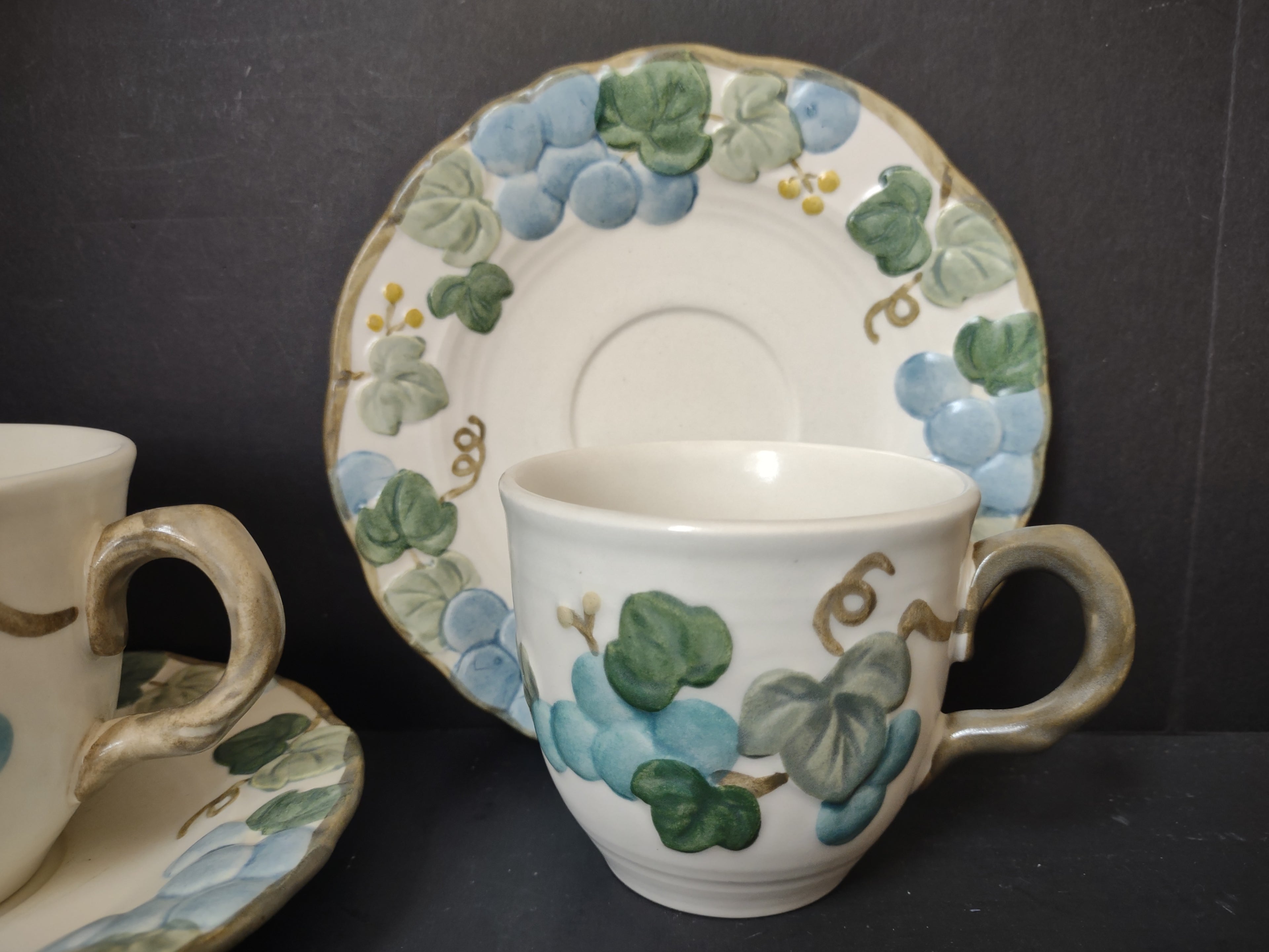 Vintage Metlox Poppytrail Grape Cup & Saucer Set of 2 Blue & Green [6769]