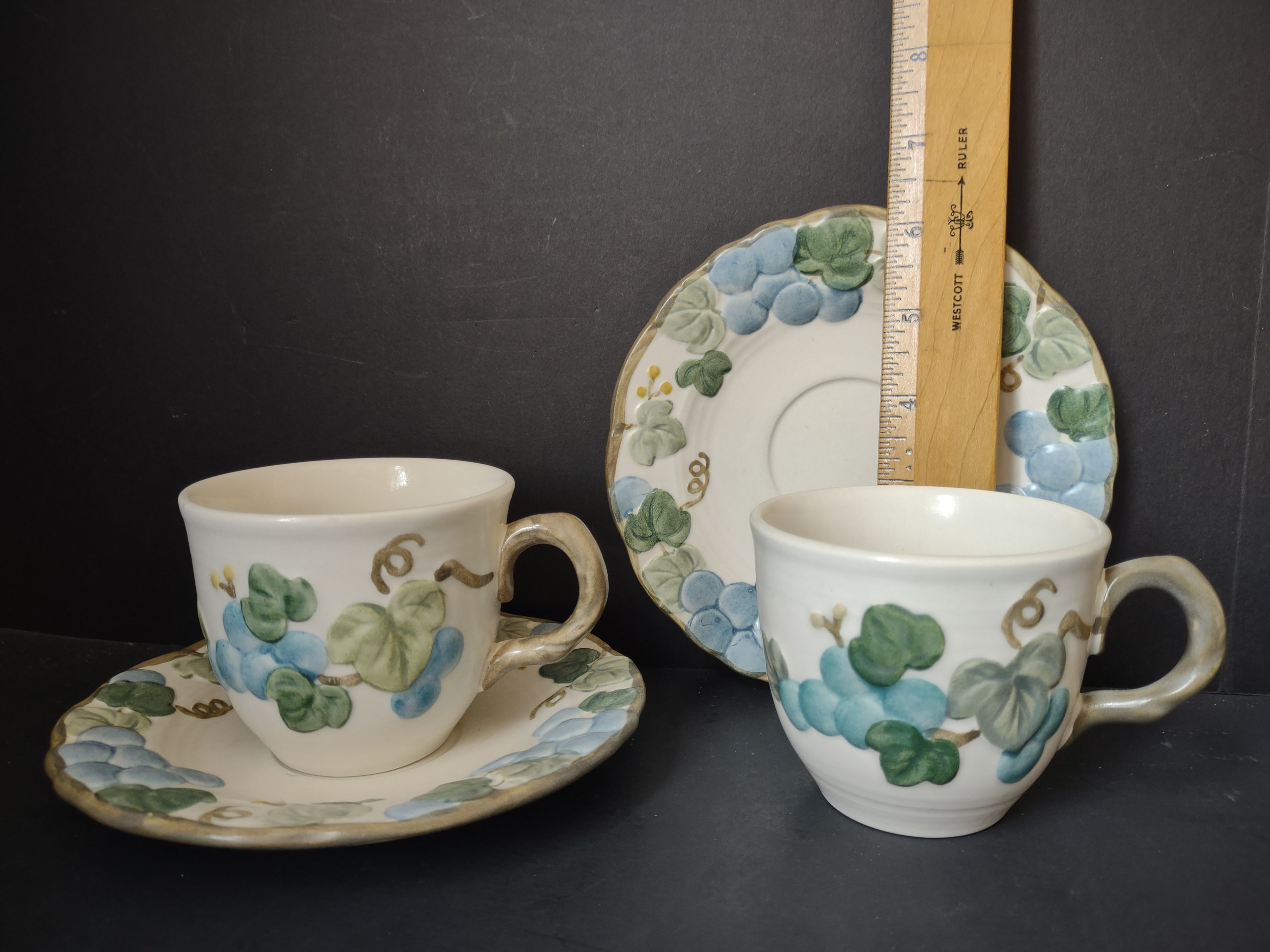 Vintage Metlox Poppytrail Grape Cup & Saucer Set of 2 Blue & Green [6769]