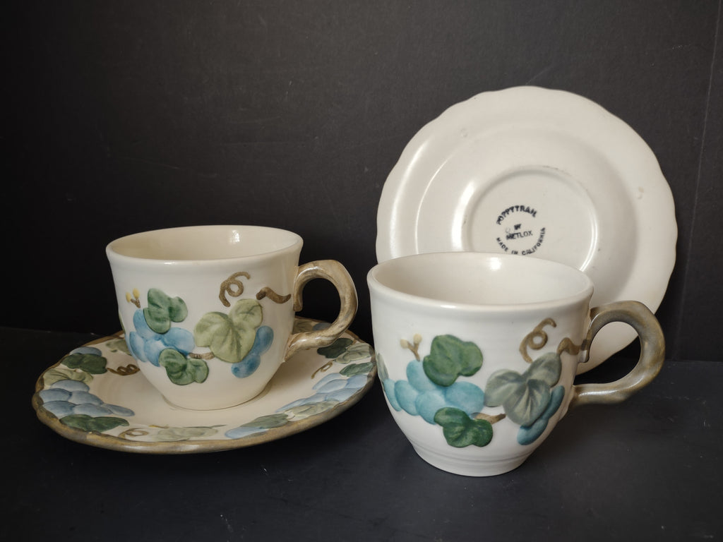 Vintage Metlox Poppytrail Grape Cup & Saucer Set of 2 Blue & Green [6769]
