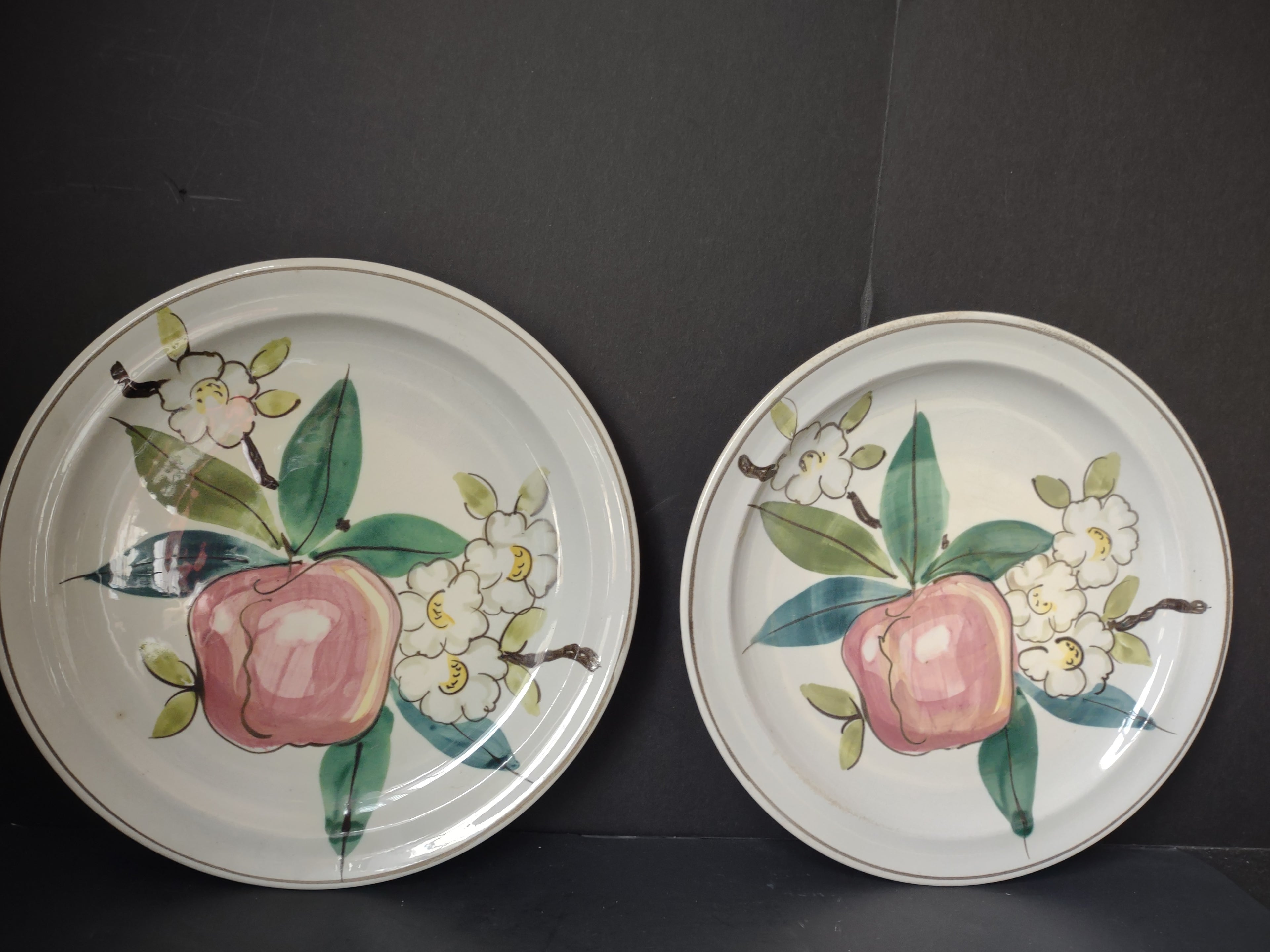 Vintage Red Wing Hand Painted Fruit Floral Off-White Plate x2 [6759]
