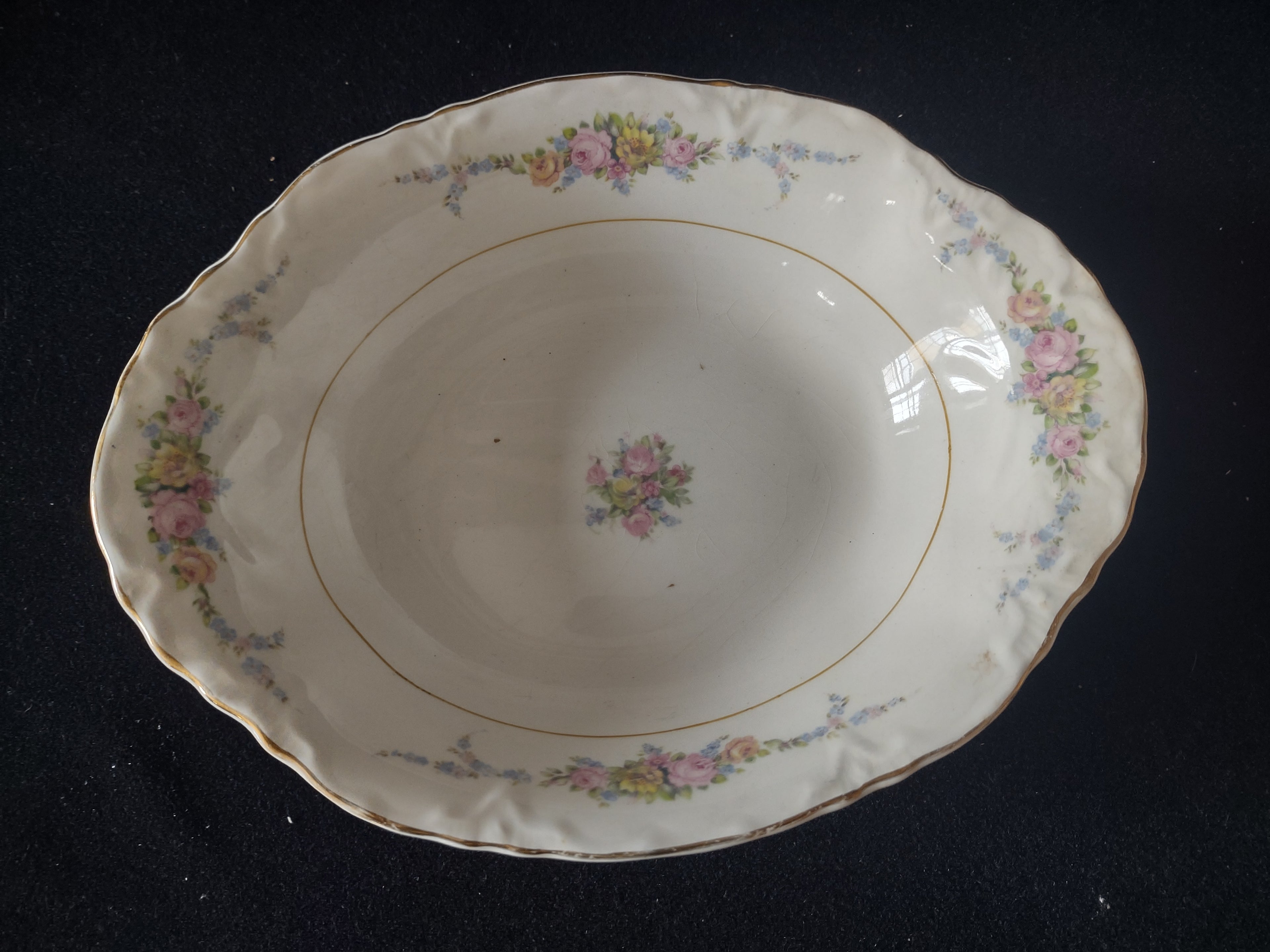 Vintage W.S. George Radisson Floral Pink Rose Gold Trim Oval Serving Bowl [6756]