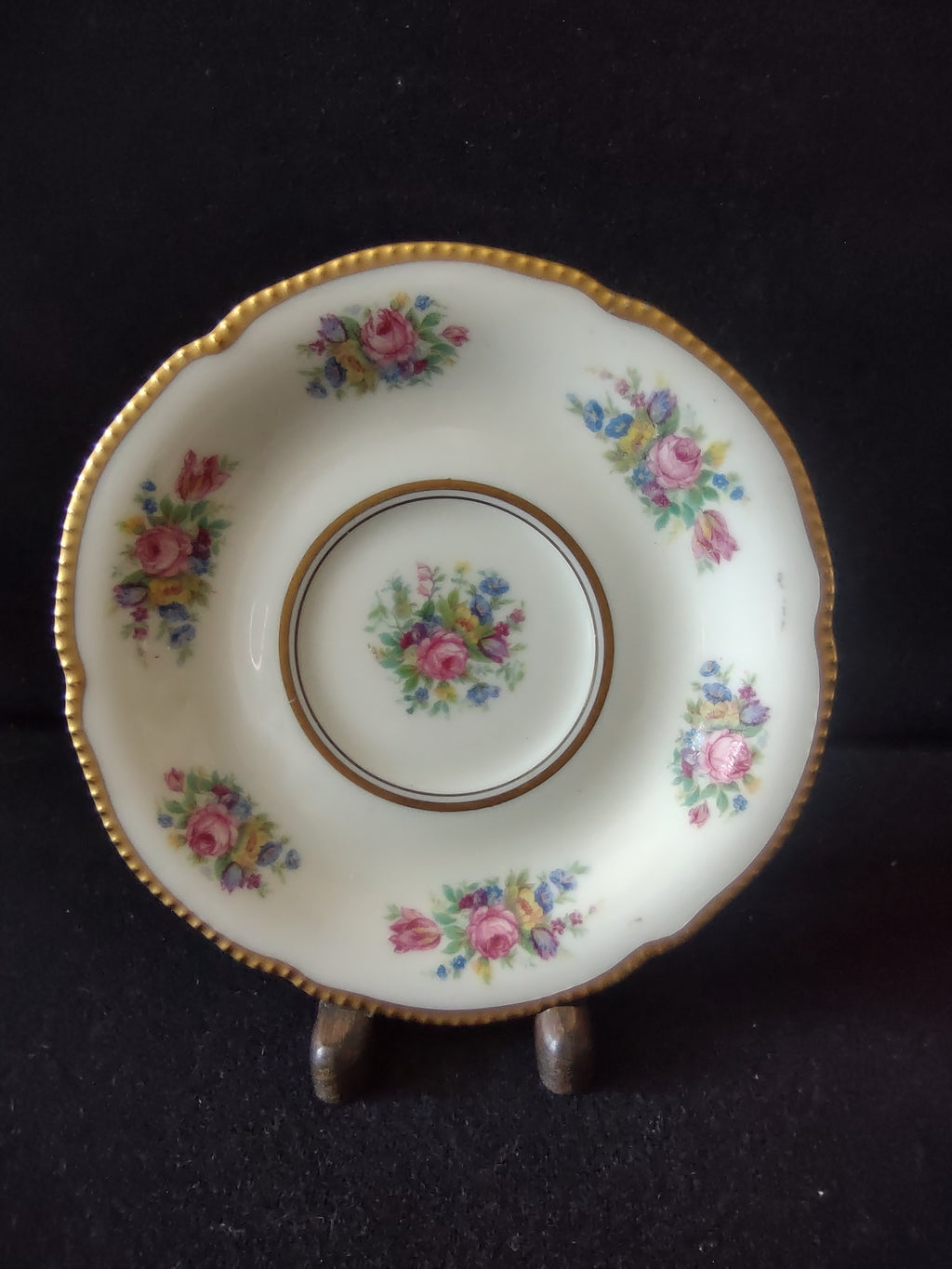 Vintage Castleton China Rose Saucer Pink Roses Gold Beaded Rim USA [6795]