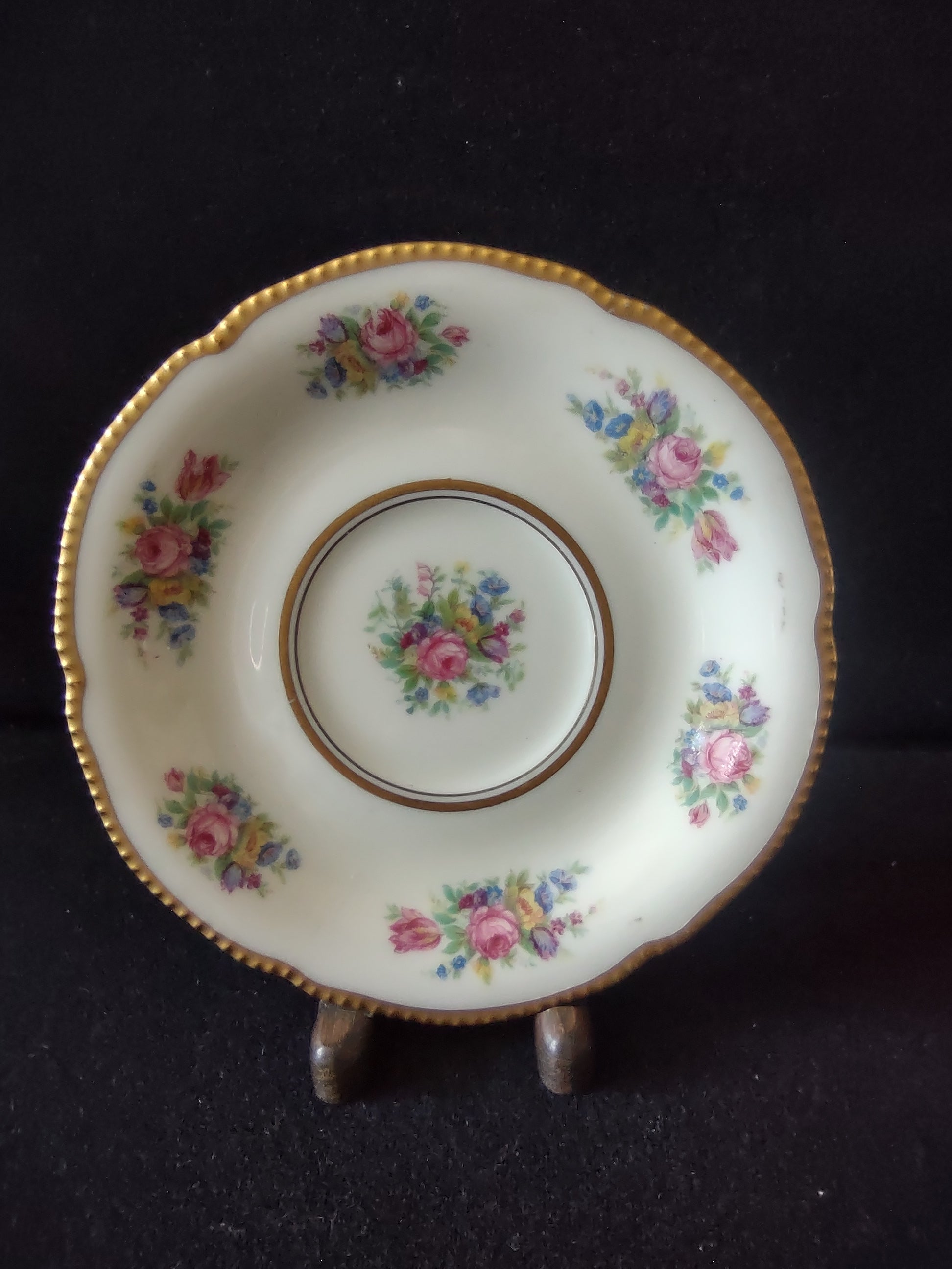 Vintage Castleton China Rose Saucer Pink Roses Gold Beaded Rim USA [6795]