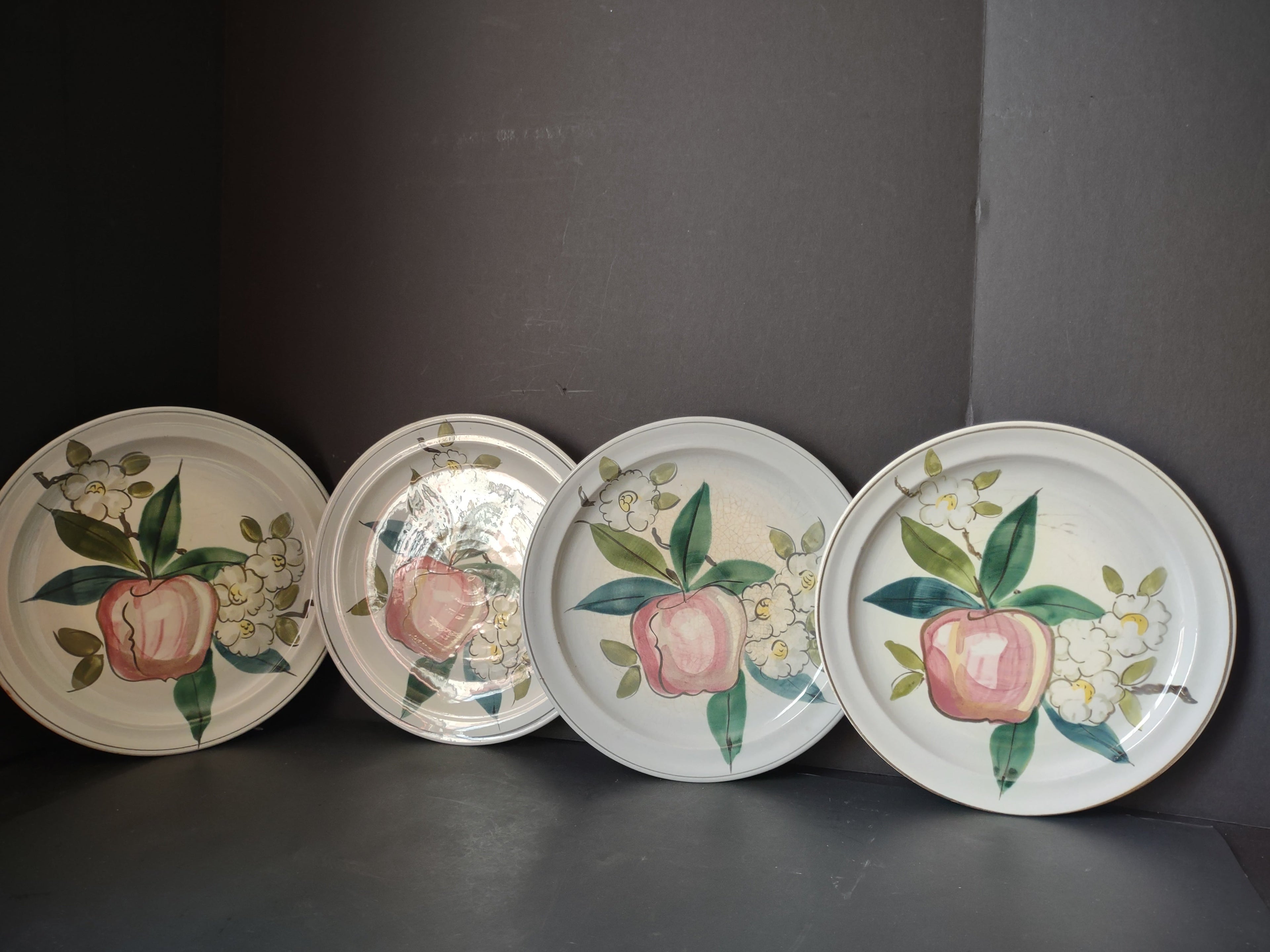 Vintage Blue Ridge Southern Potteries Apple Plate Set of 4 9.5" - front view showing crazing