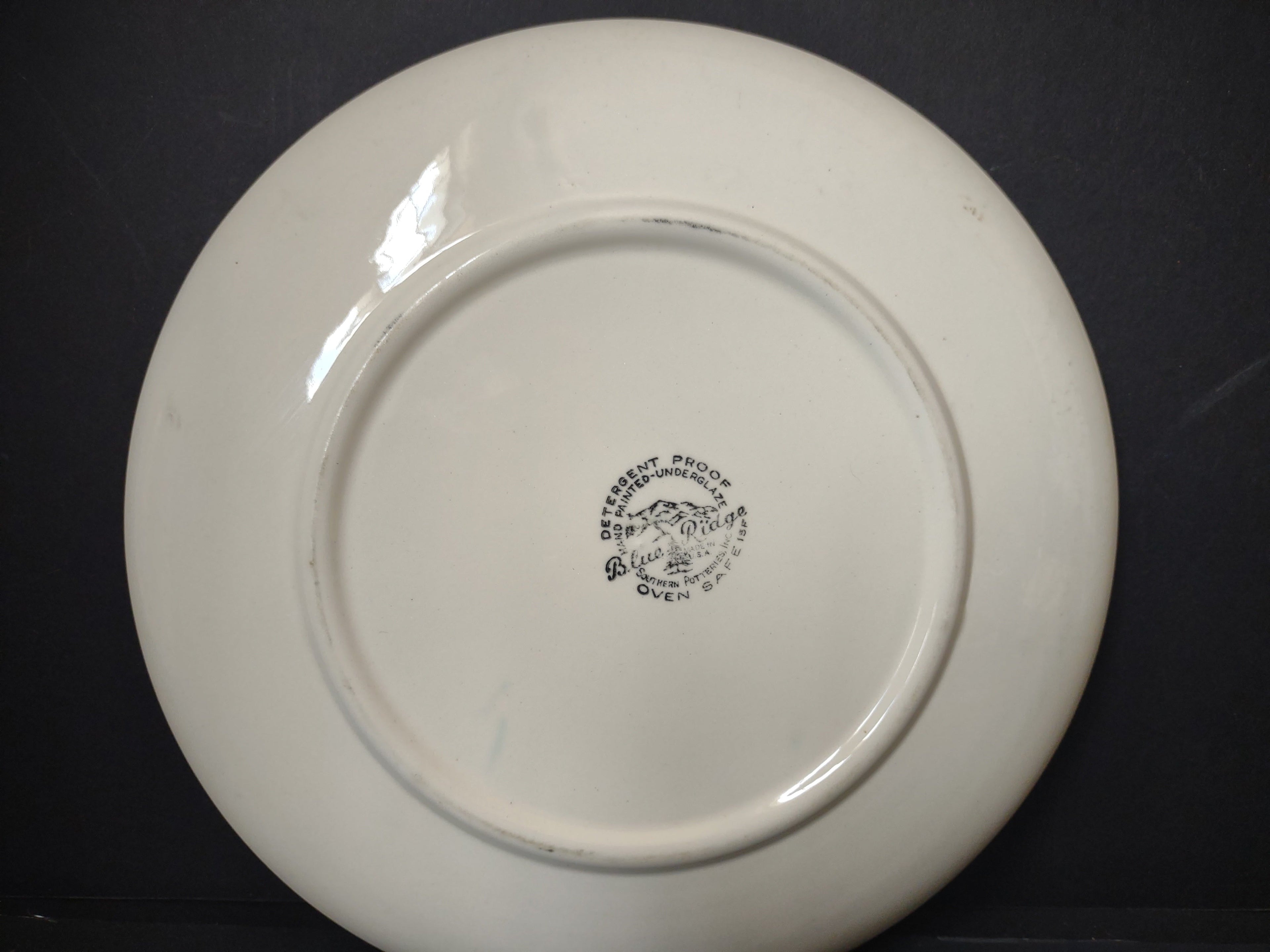 Close-up of Blue Ridge Southern Potteries backstamp on plate bottom