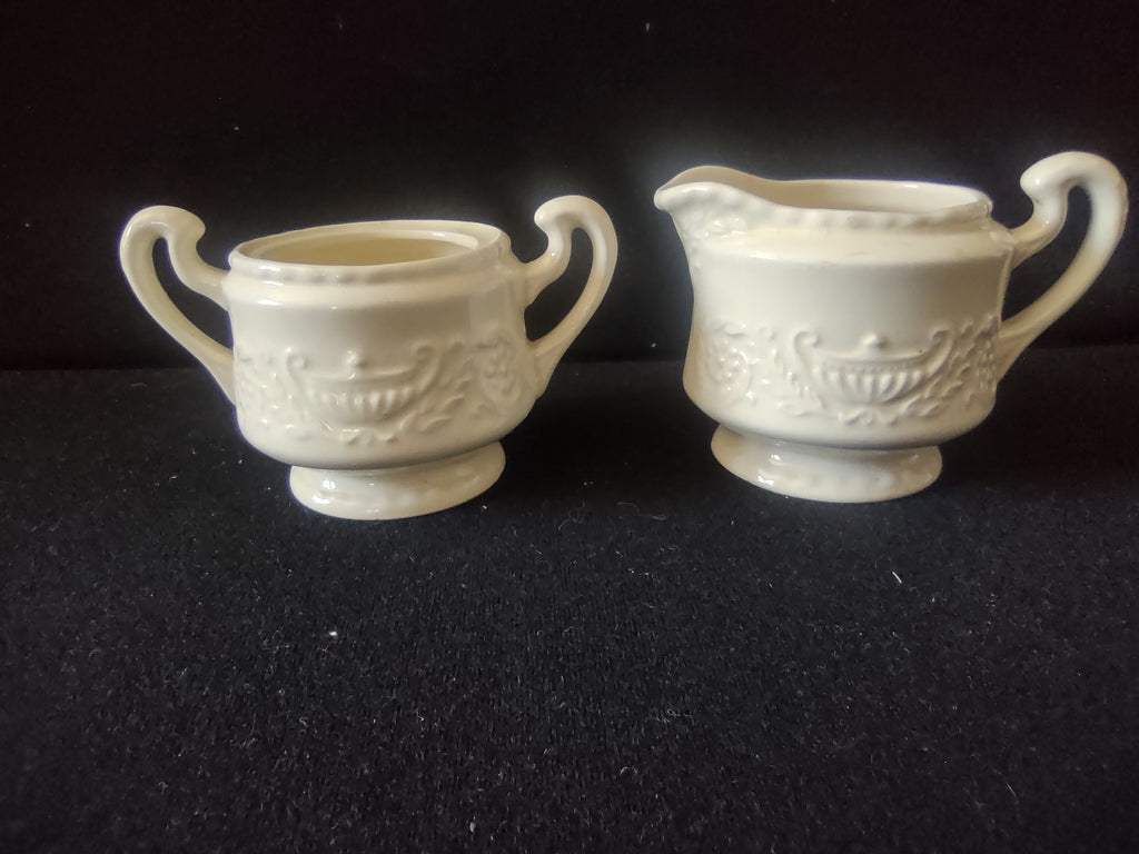 Vintage Adam Antique Off-White Embossed Creamer & Sugar Bowl No Lid [6818]