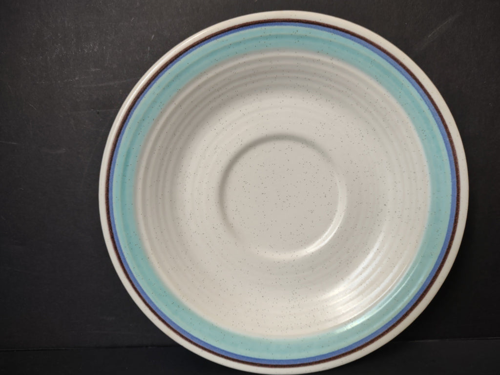 Vintage Franciscan Earthenware Turquoise & Blue Banded Saucer - top view showing full turquoise and blue pinstripe border