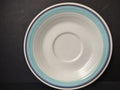 Vintage Franciscan Earthenware Turquoise & Blue Banded Saucer - top view showing full turquoise and blue pinstripe border