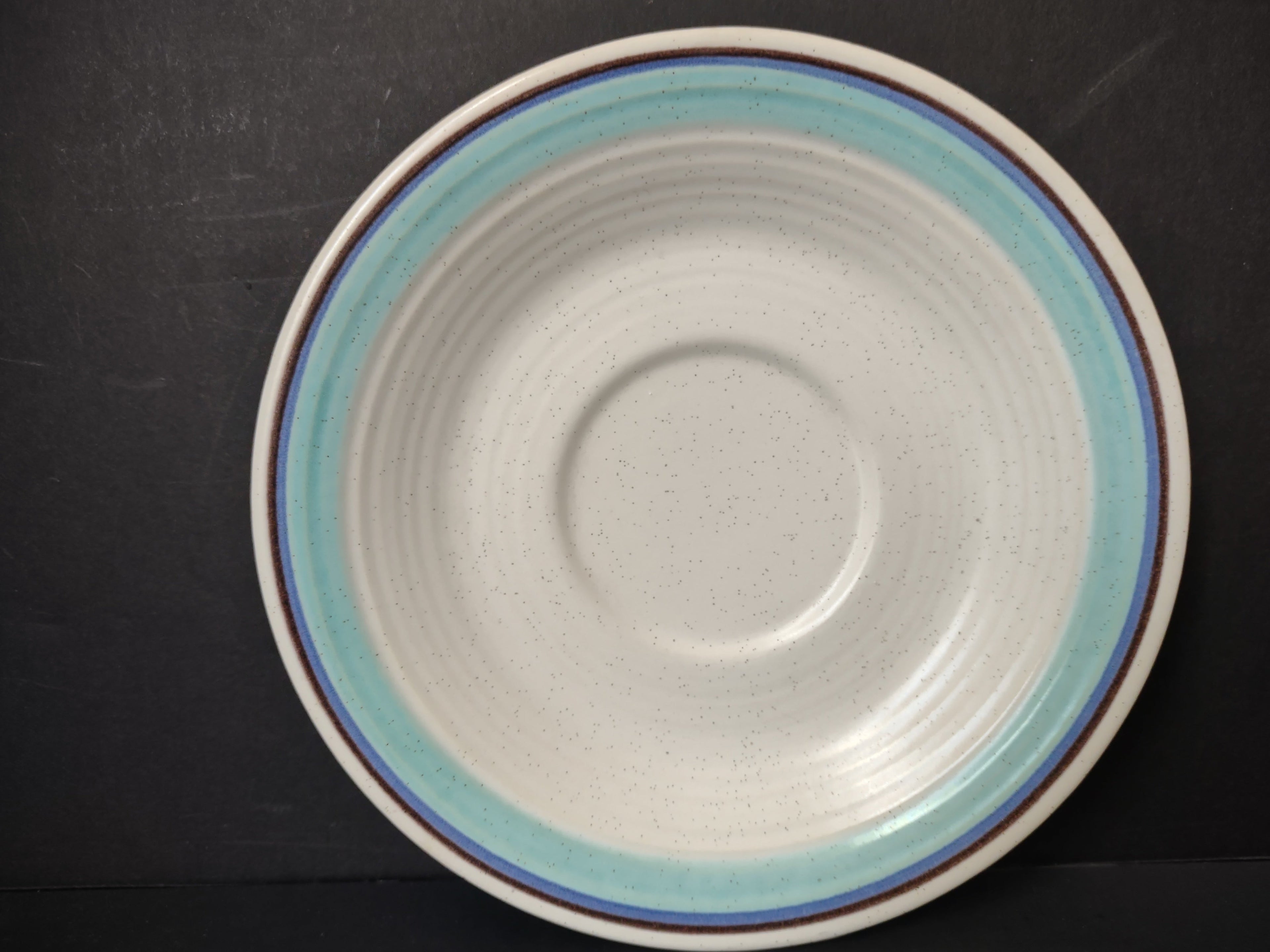 Vintage Franciscan Earthenware Turquoise & Blue Banded Saucer - top view showing full turquoise and blue pinstripe border