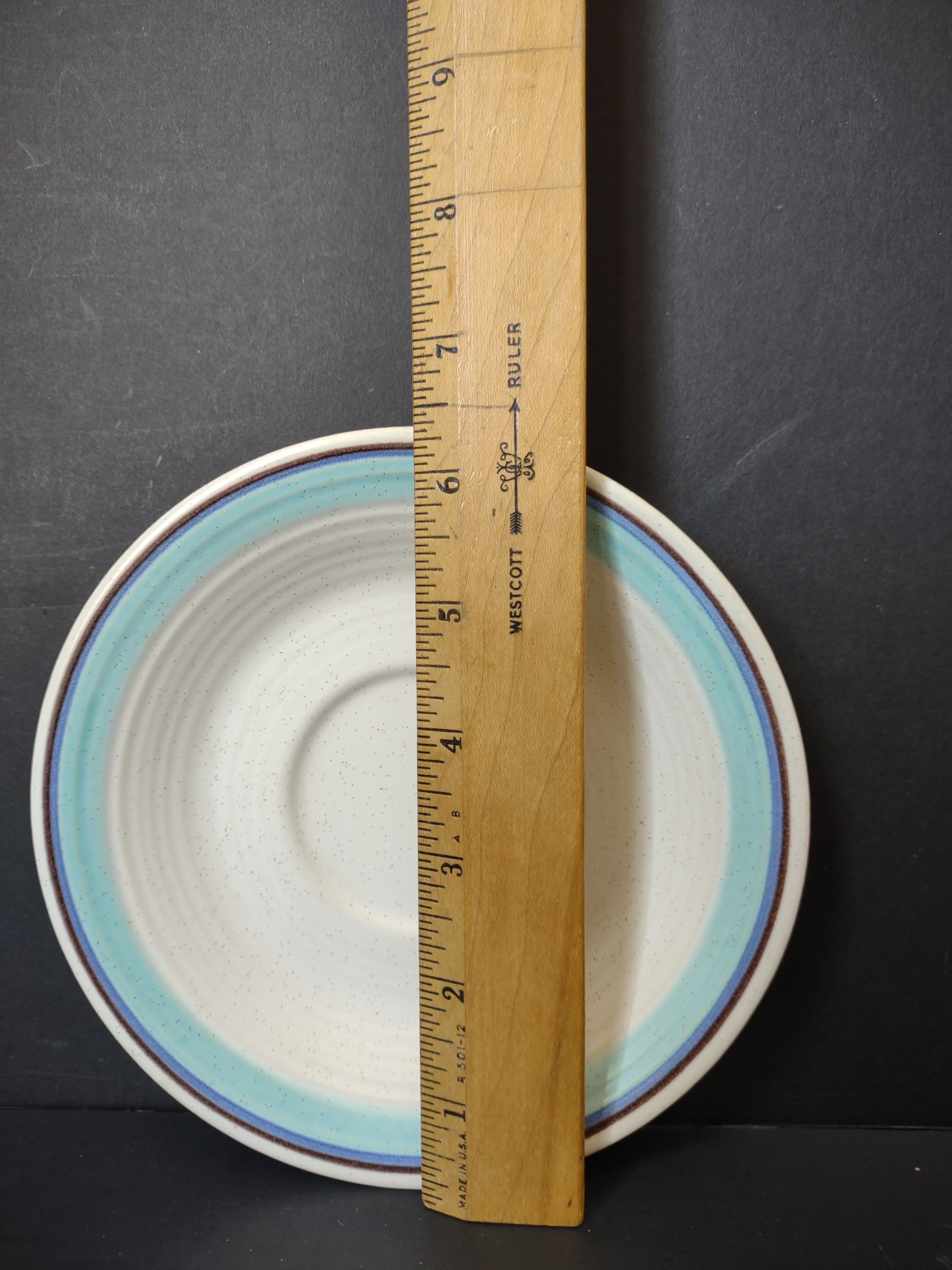Vintage Franciscan Earthenware Turquoise & Blue Banded Saucer - size reference with ruler showing approximately 6 inches