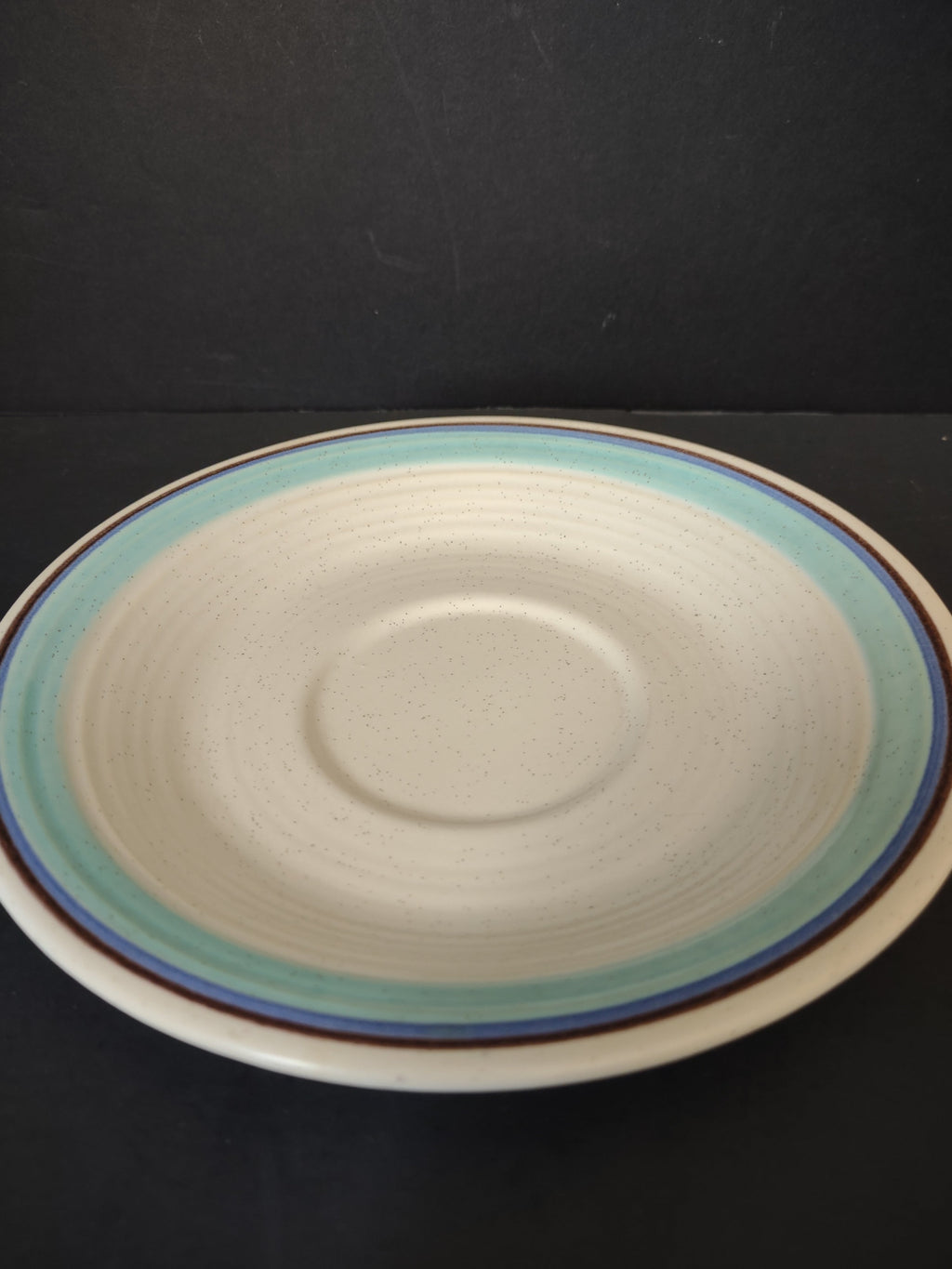 Vintage Franciscan Earthenware Turquoise & Blue Banded Saucer - angled side view showing band detail