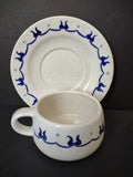 Vintage Metlox Poppytrail Homestead Provincial Cup and Saucer Set - front view showing cobalt blue tulip vine border