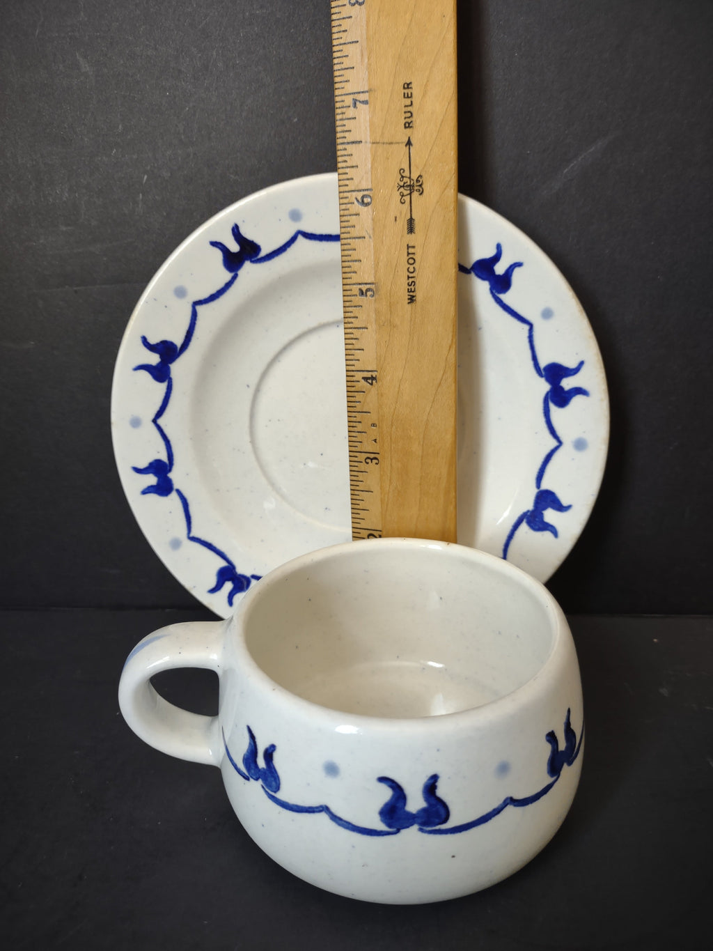 Vintage Metlox Poppytrail Homestead Provincial Saucer - top view showing full cobalt blue border pattern