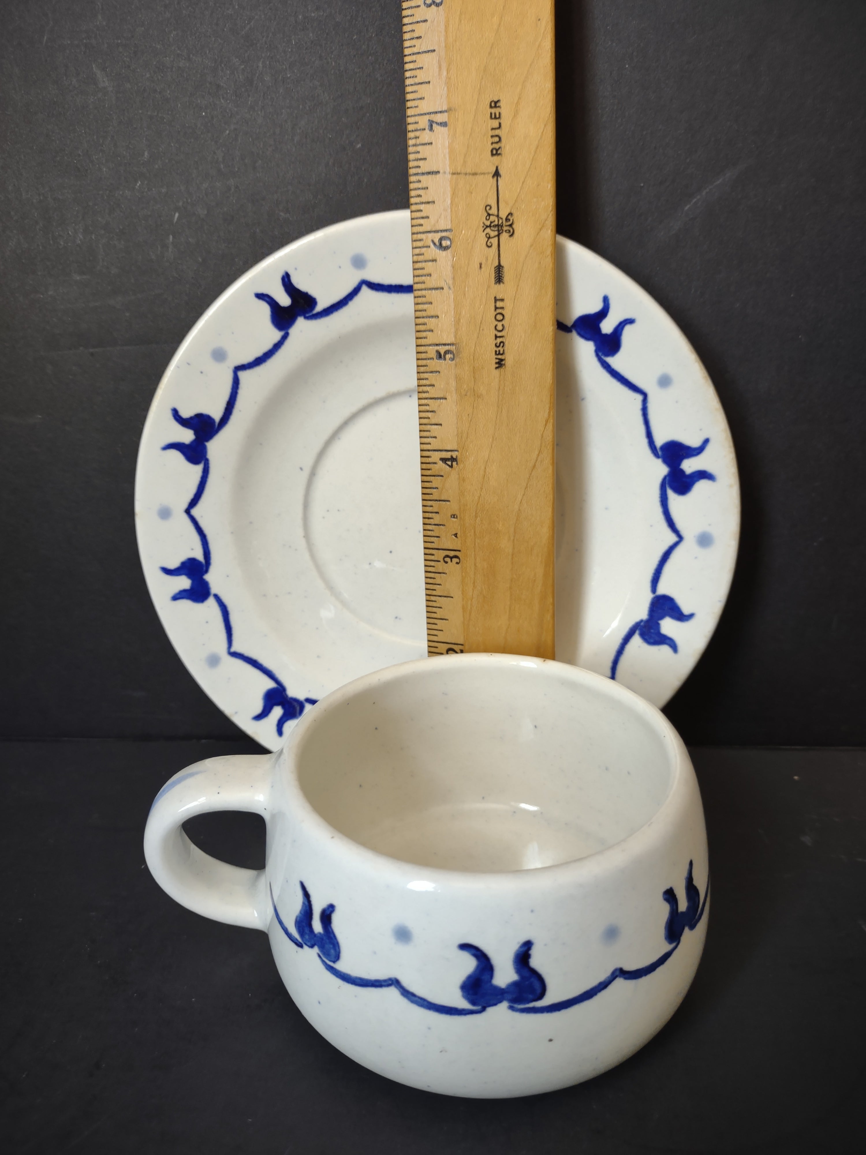 Vintage Metlox Poppytrail Homestead Provincial Saucer - top view showing full cobalt blue border pattern