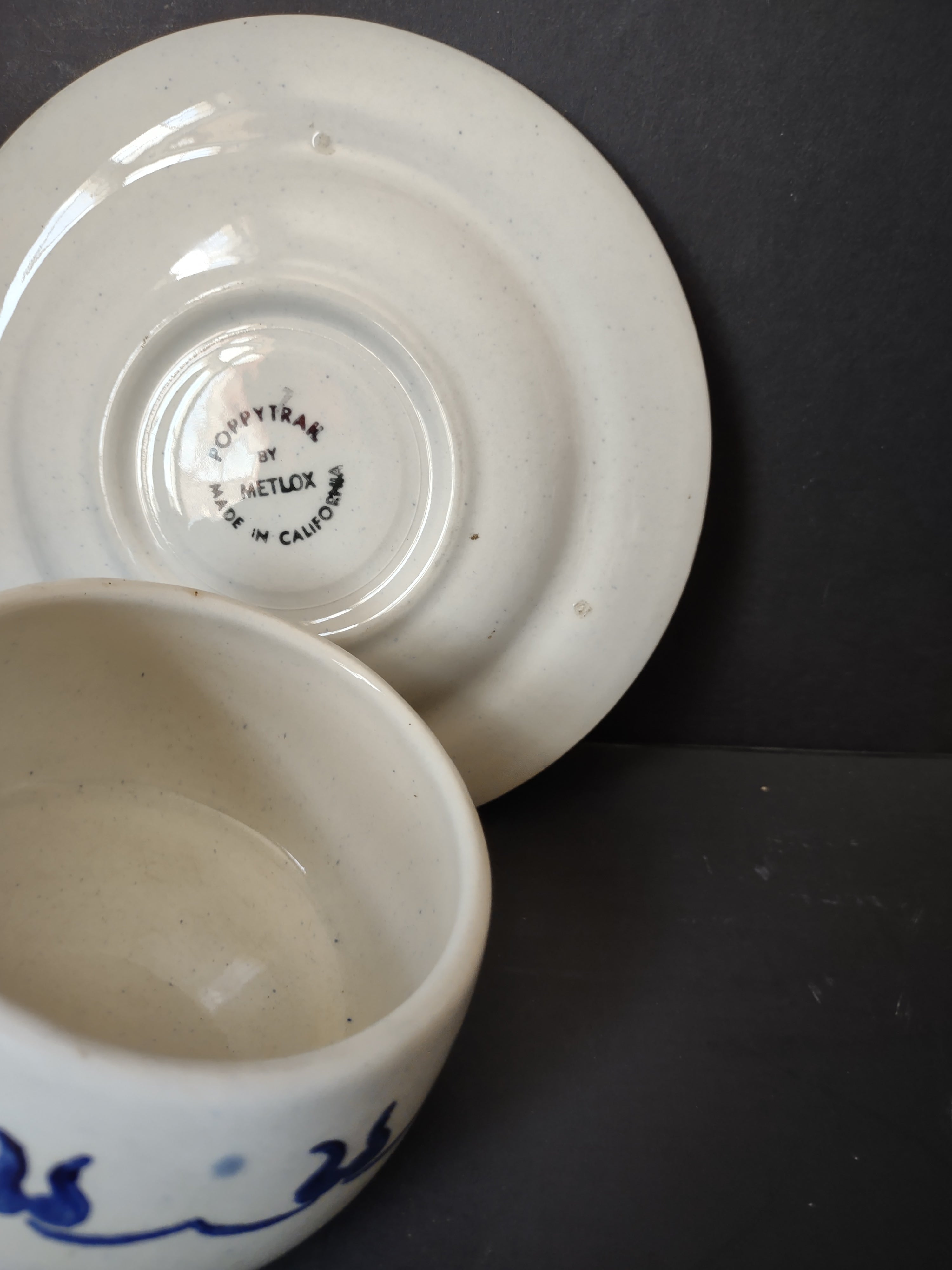 Vintage Metlox Poppytrail Homestead Provincial Cup and Saucer Set - angled view