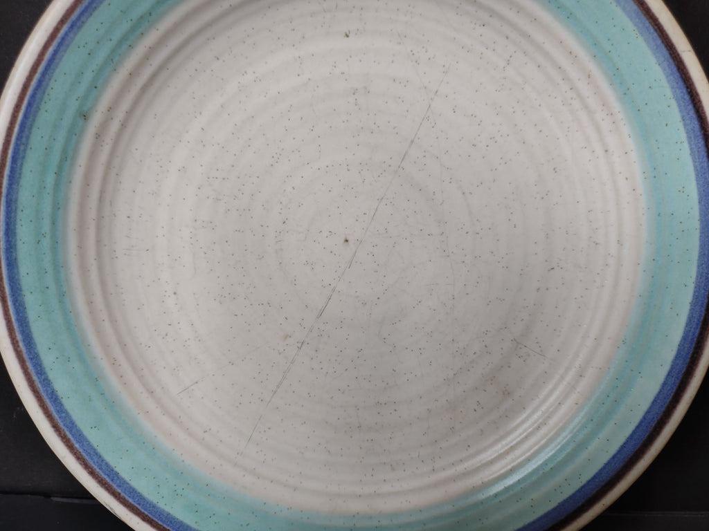 Vintage Franciscan Earthenware Aqua & Blue Banded Dinner Plates - pair front view