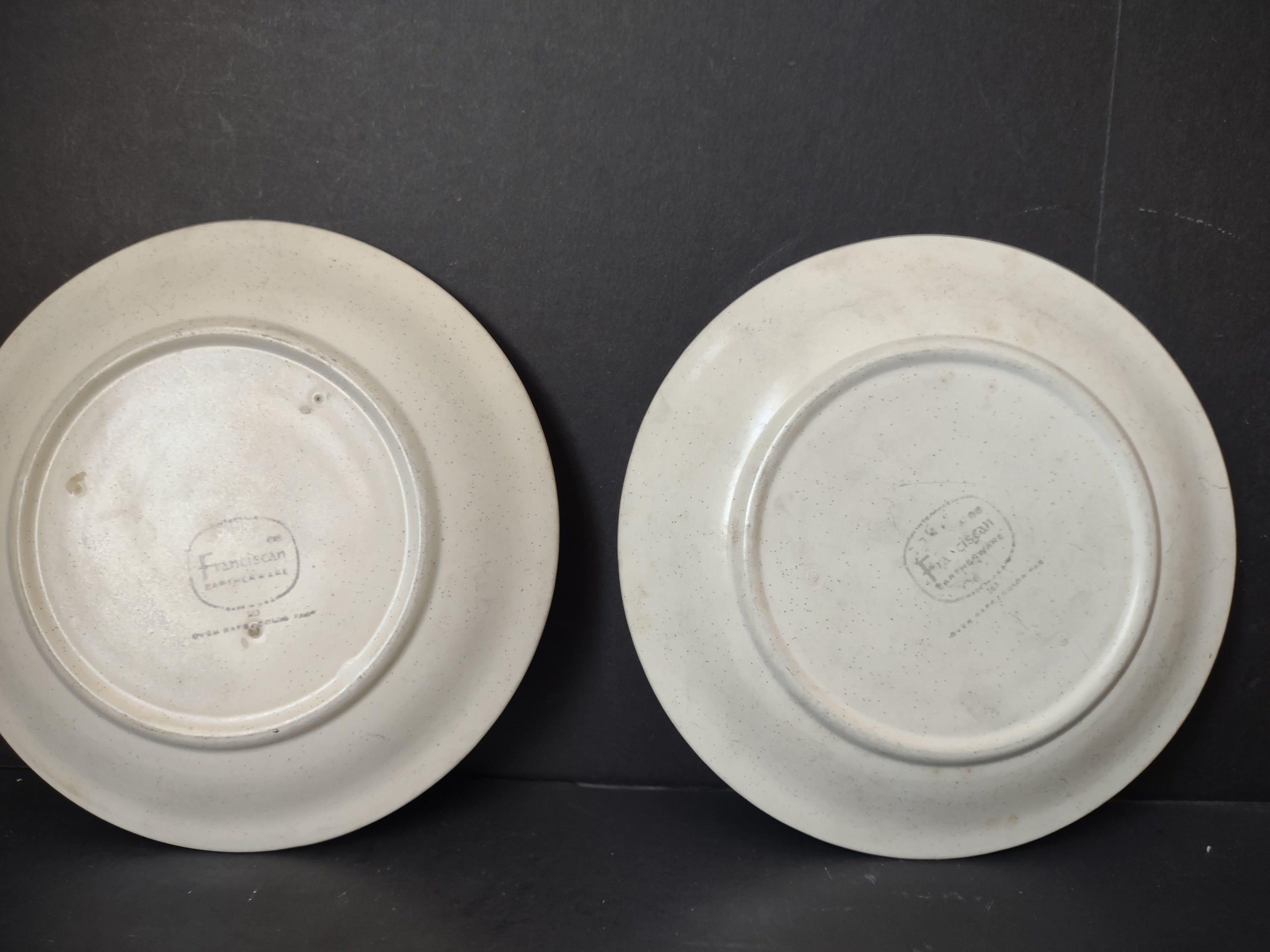 Vintage Franciscan Earthenware Aqua & Blue Banded Dinner Plates - backstamp marks