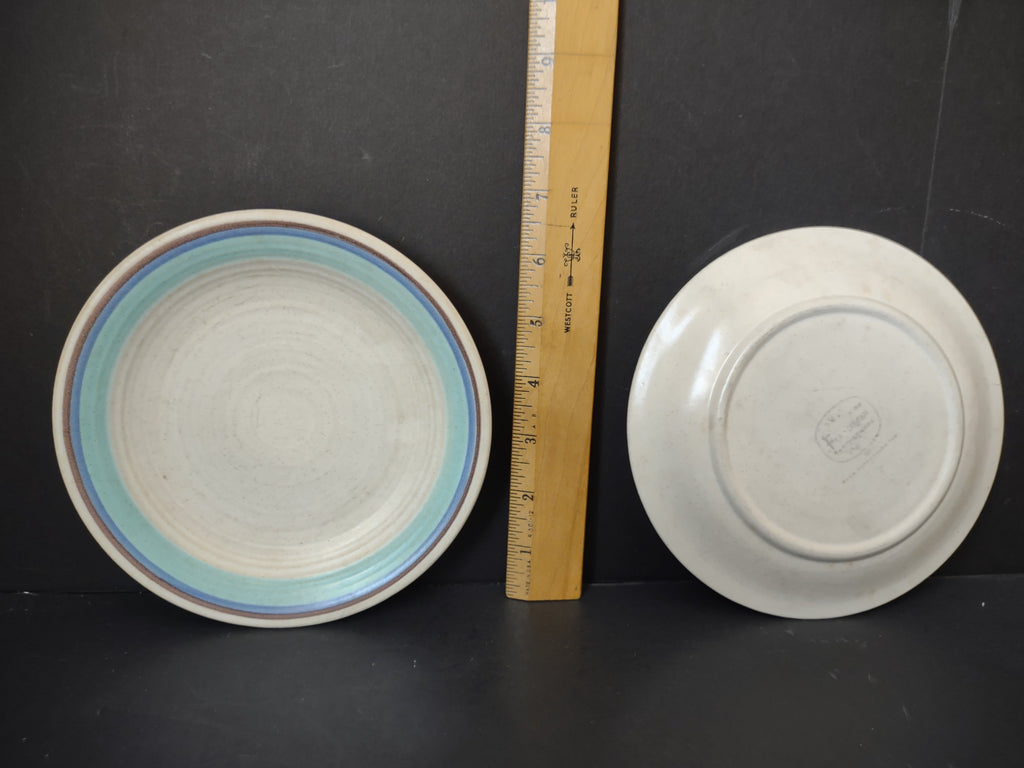 Vintage Franciscan Earthenware Aqua & Blue Banded Dinner Plates - size comparison with ruler