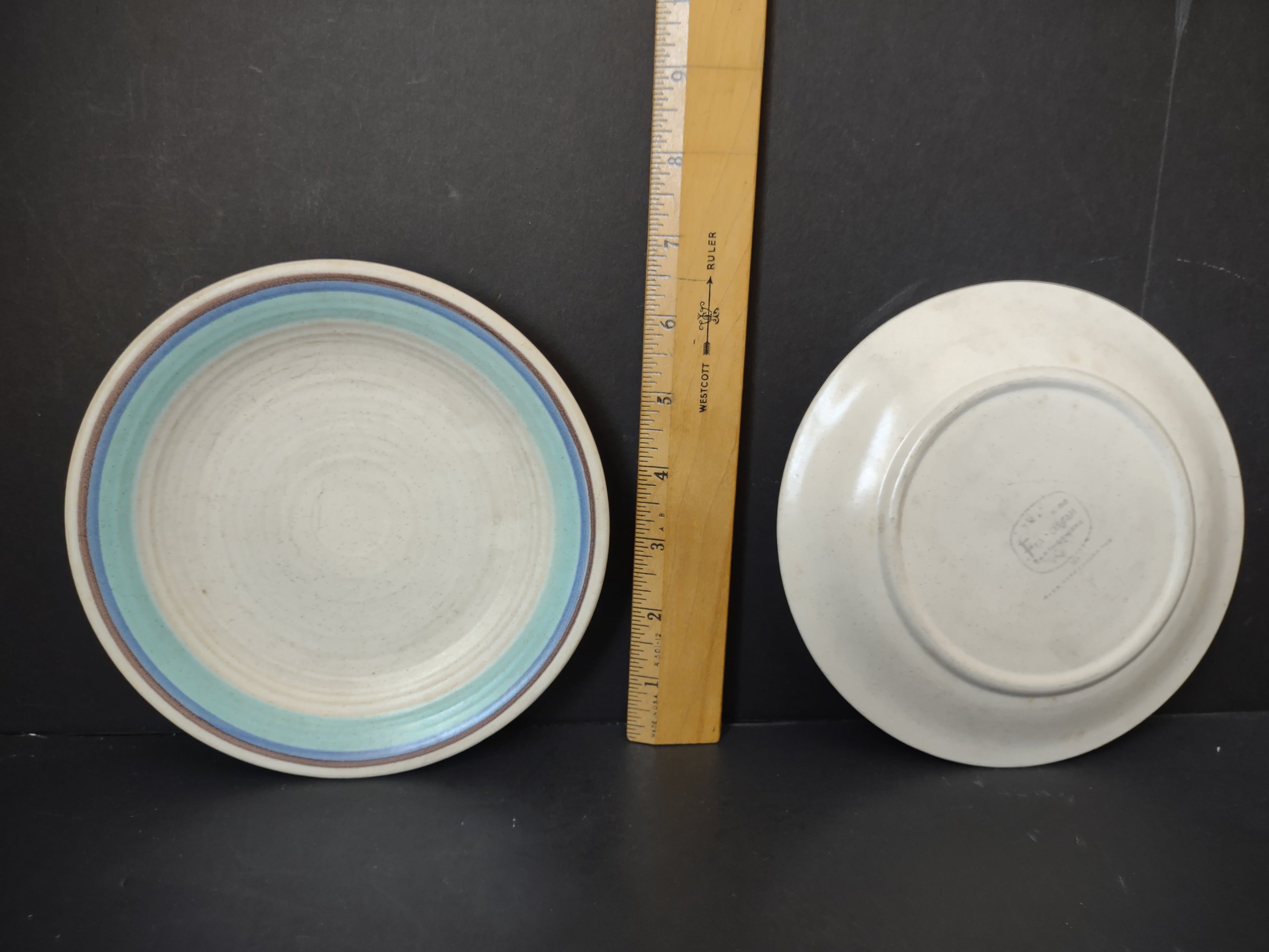 Vintage Franciscan Earthenware Aqua & Blue Banded Dinner Plates - size comparison with ruler