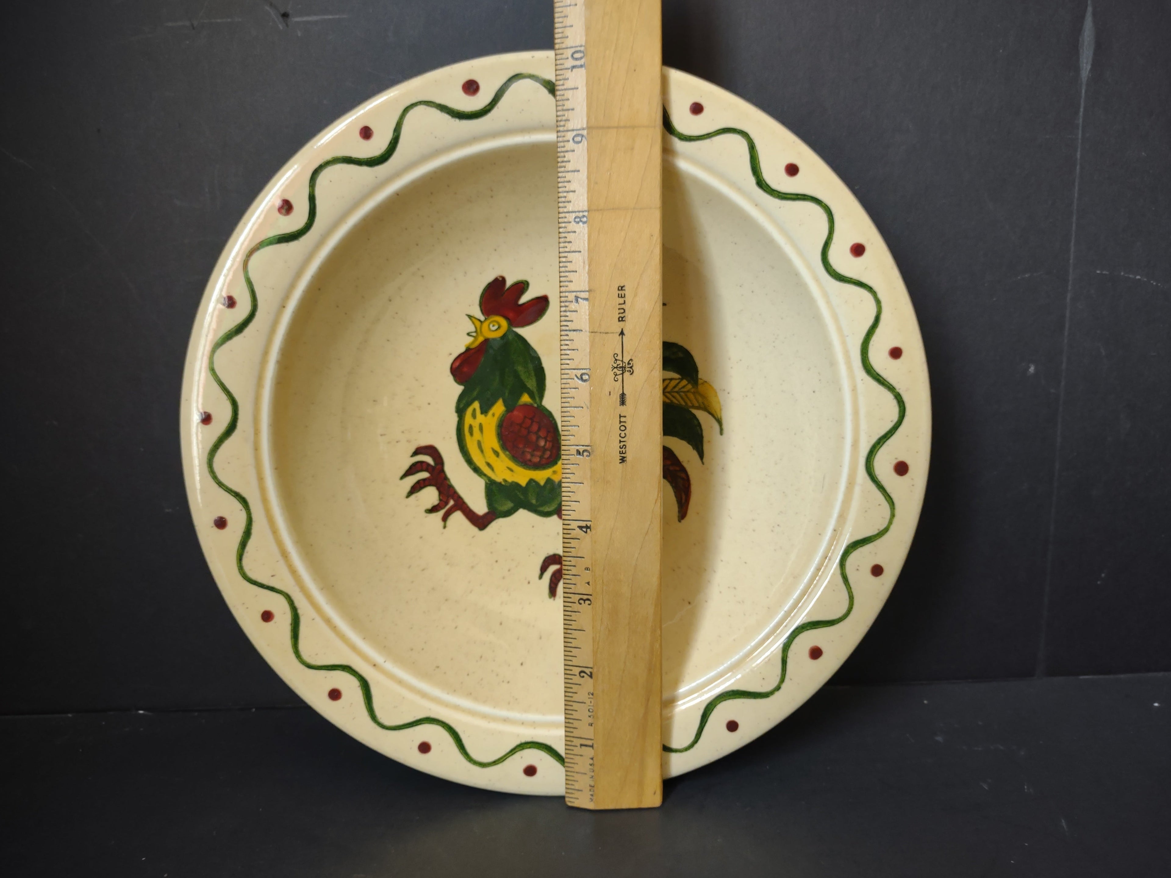 Vintage Metlox Poppytrail California Provincial Rooster Bowl - with ruler showing size