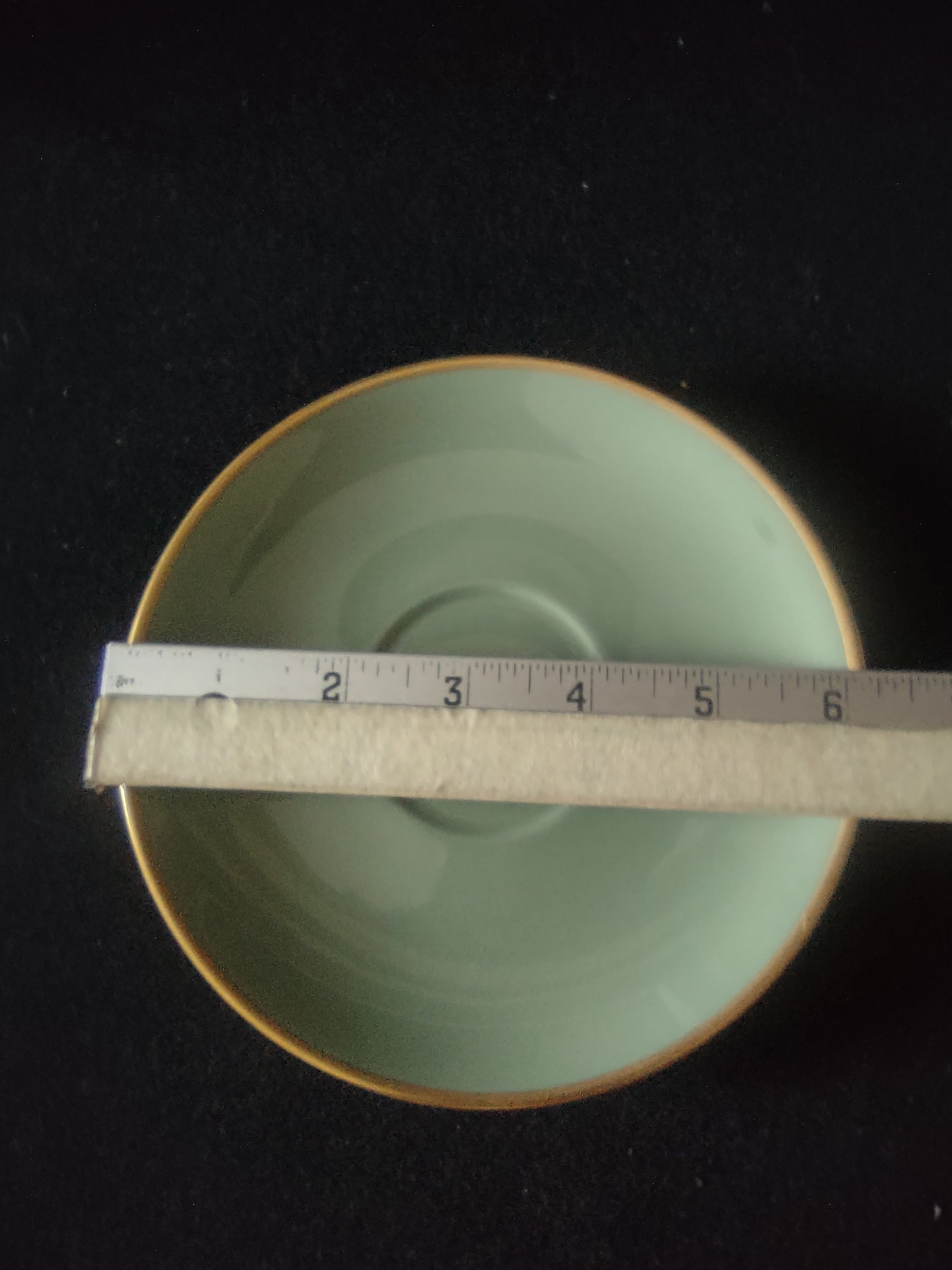 Vintage Flintridge China celadon green gold rim saucer - close-up of backstamp Flintridge China Made in California USA