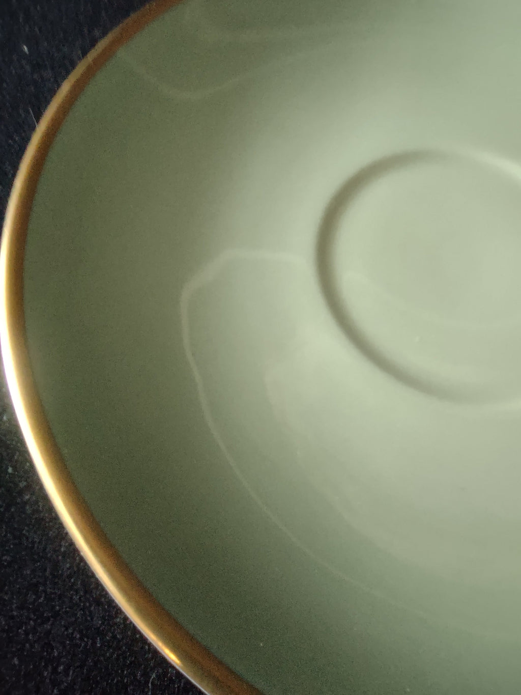 Vintage Flintridge China celadon green gold rim saucer - back showing Flintridge China Made in California USA backstamp