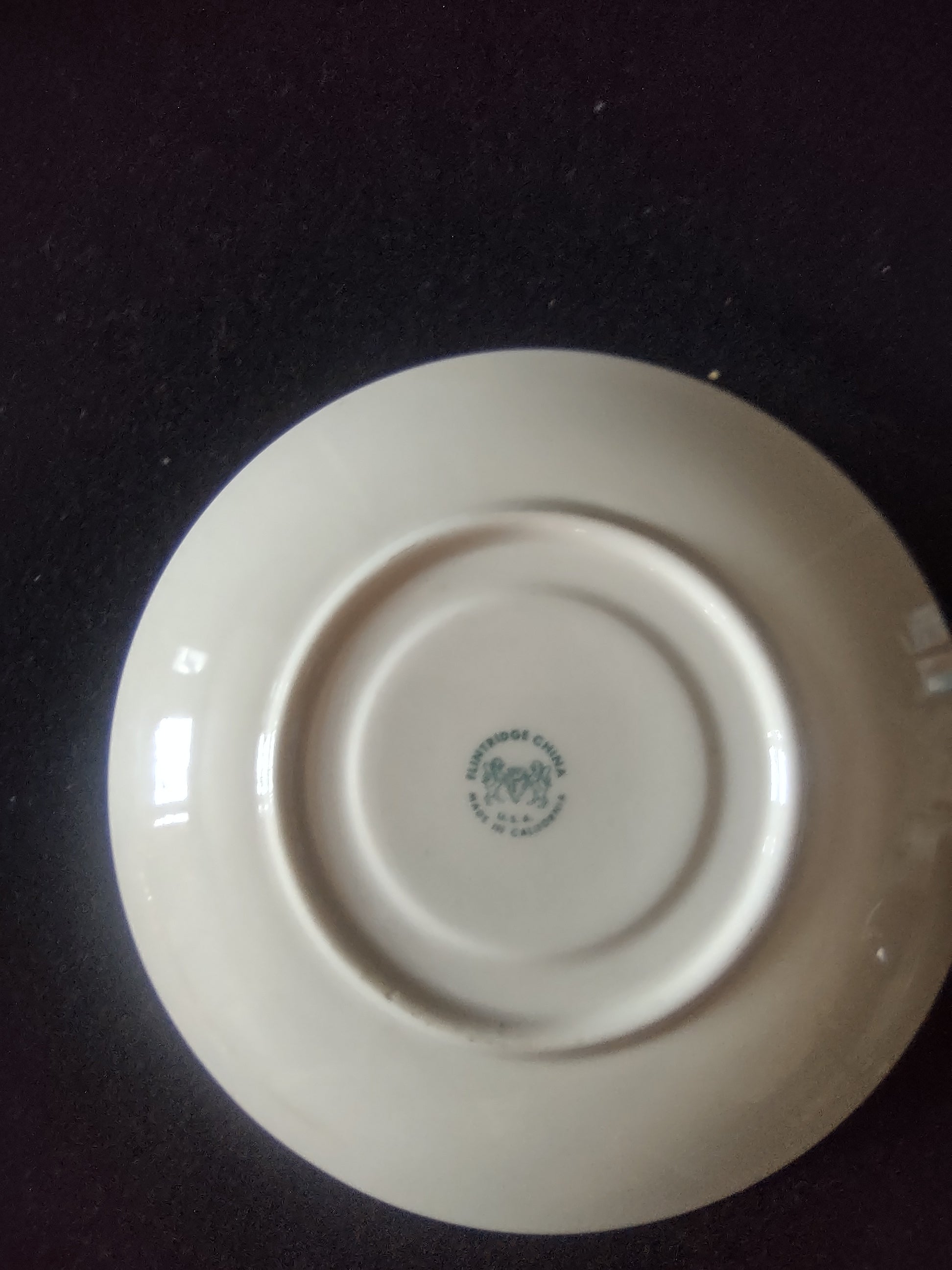Vintage Flintridge China celadon green gold rim saucer - interior detail