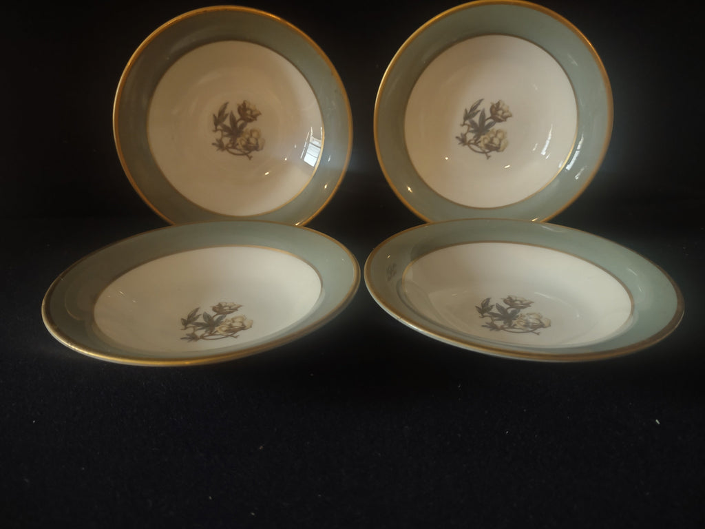 Vintage Flintridge China celadon green floral fruit bowl set of 4 - group shot showing all four bowls