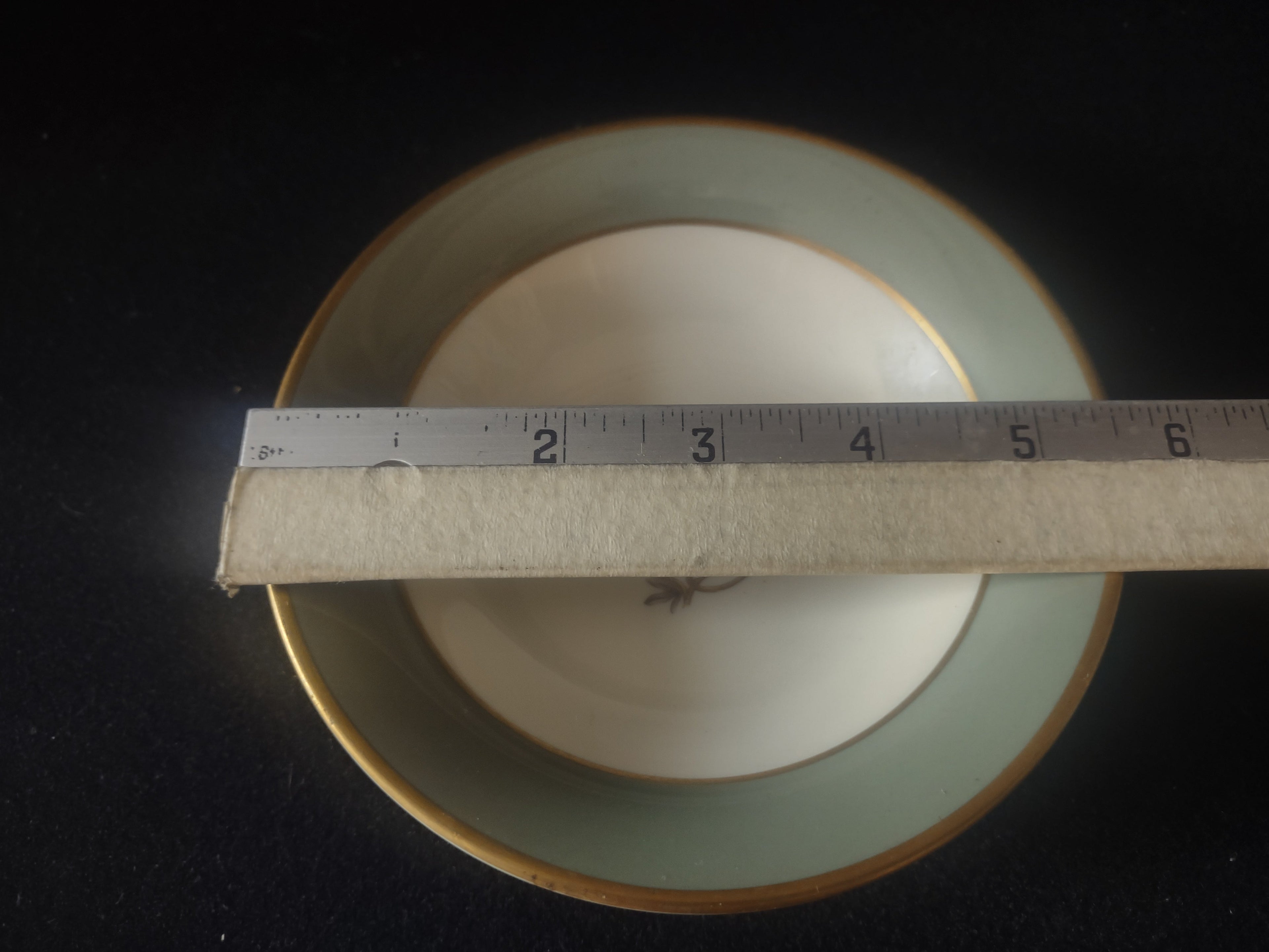 Vintage Flintridge China celadon green floral fruit bowl - ruler showing approximately 6 inch diameter