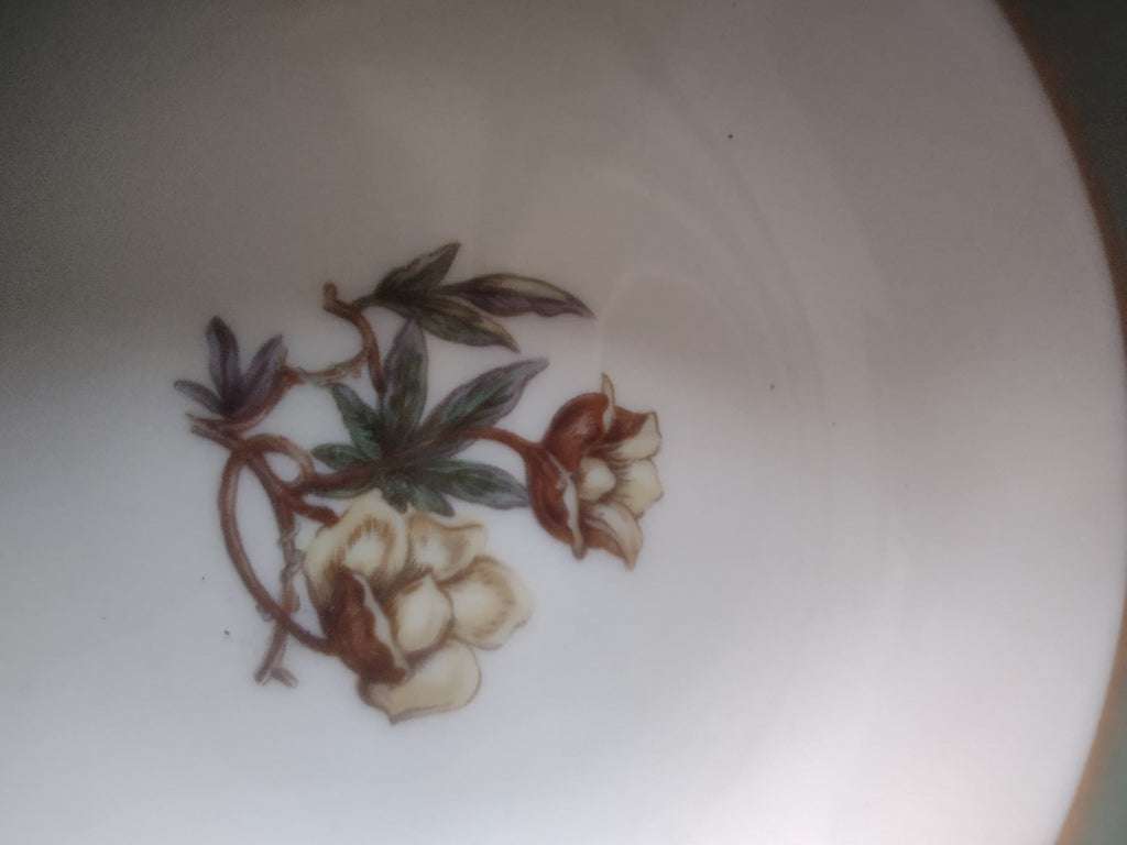 Vintage Flintridge China celadon green floral fruit bowl - backstamp reading Flintridge China Made in U.S.A. California