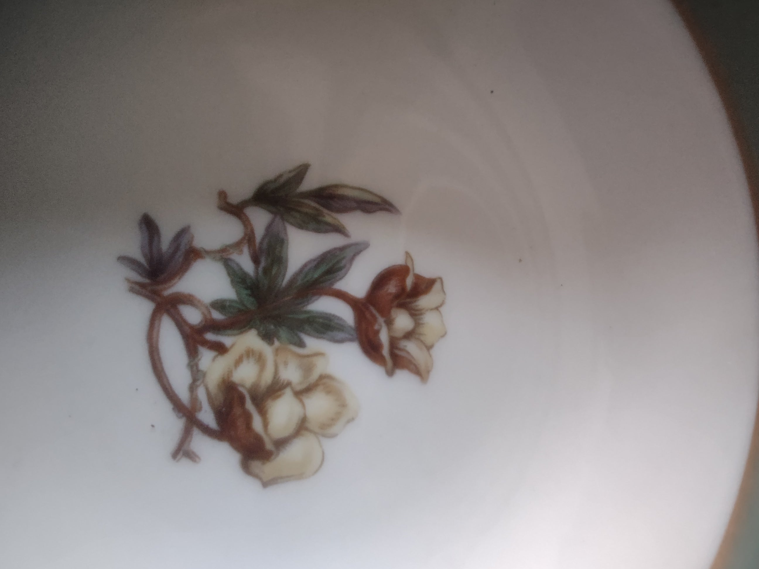 Vintage Flintridge China celadon green floral fruit bowl - backstamp reading Flintridge China Made in U.S.A. California