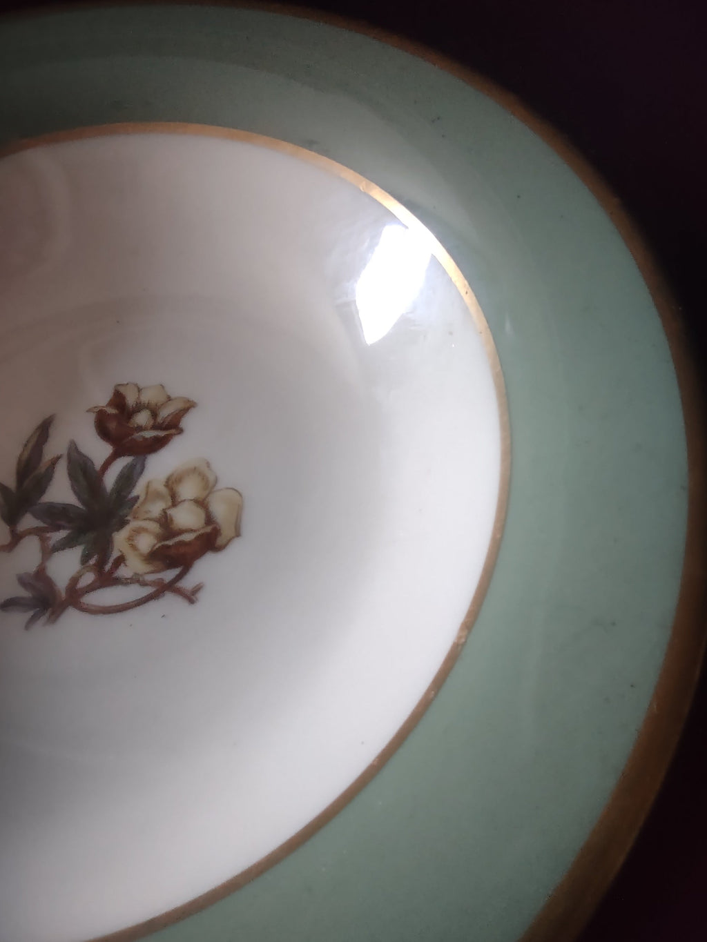 Vintage Flintridge China celadon green floral fruit bowl - close-up of central off-white rose floral motif