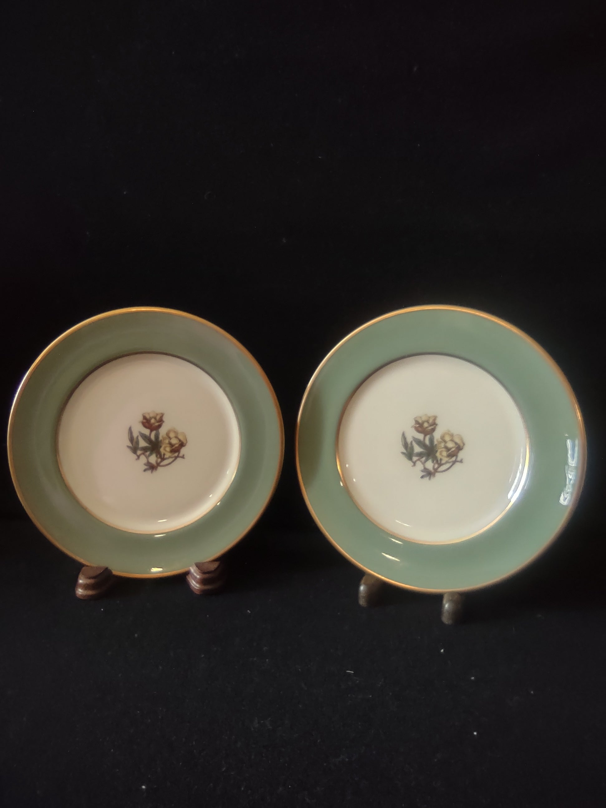 Vintage Flintridge China celadon green floral plate set of 2 - both plates displayed on stands