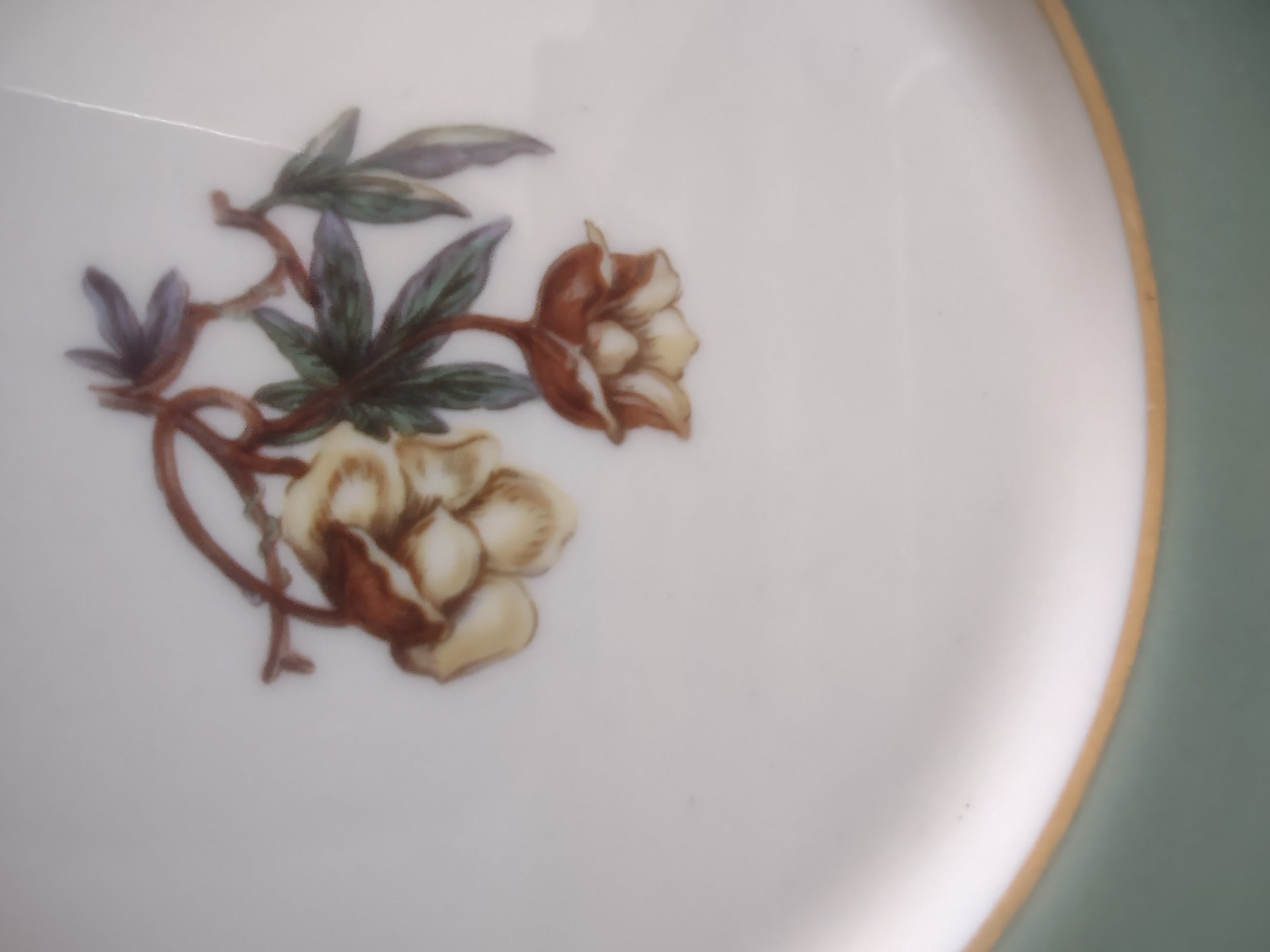 Vintage Flintridge China celadon green floral plate - backstamp reading Flintridge China Made in California U.S.A.