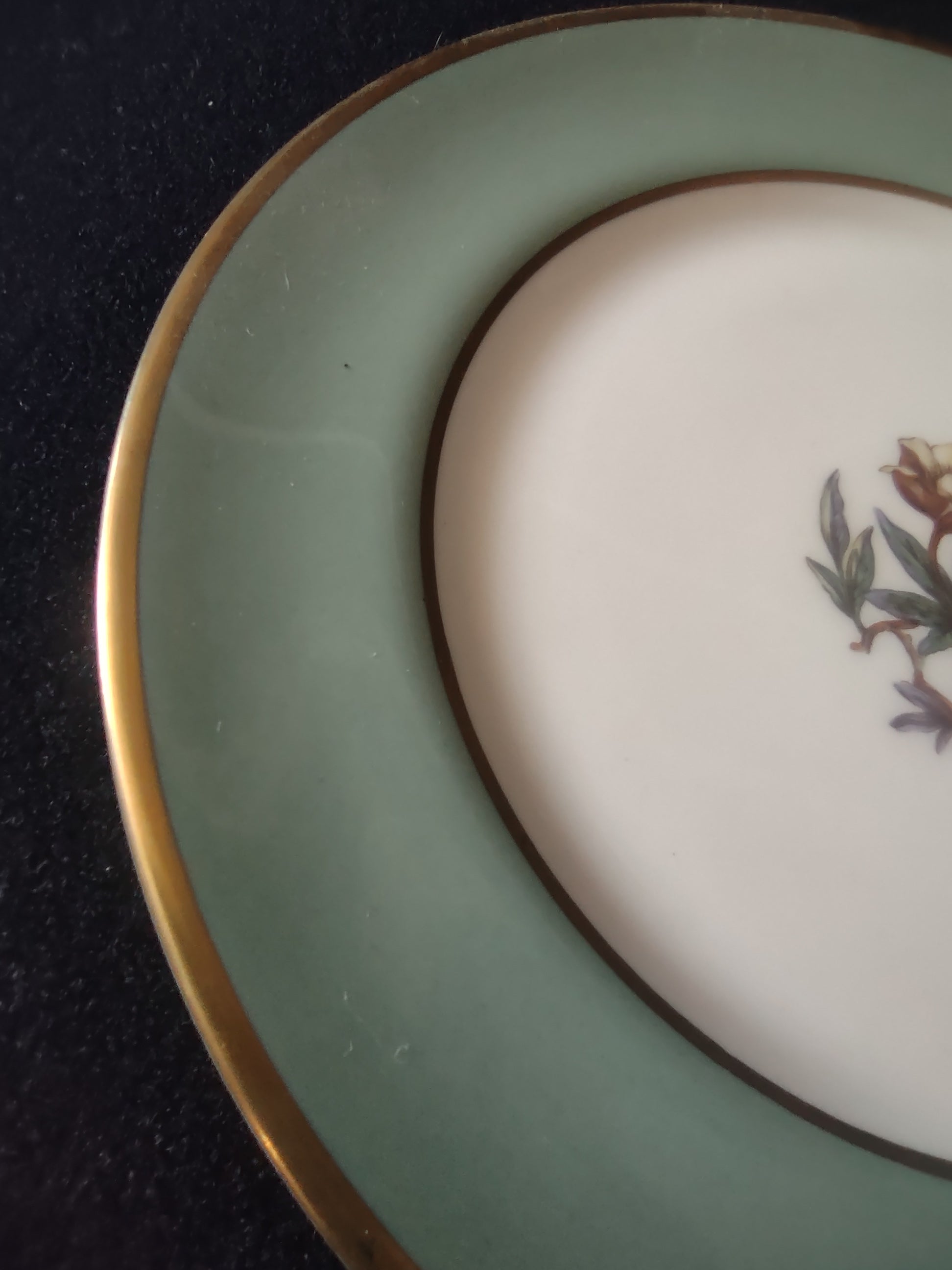 Vintage Flintridge China celadon green floral plate - interior view showing floral center