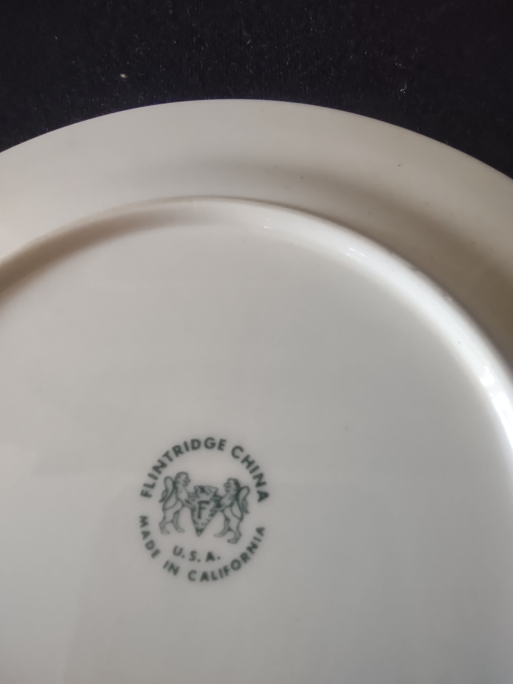 Vintage Flintridge China celadon green floral plate - ruler showing approximately 6 inch diameter