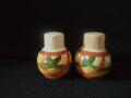 Vintage Vintonware Salt & Pepper Shakers front view showing orange yellow green hand-painted banding and leaf motifs