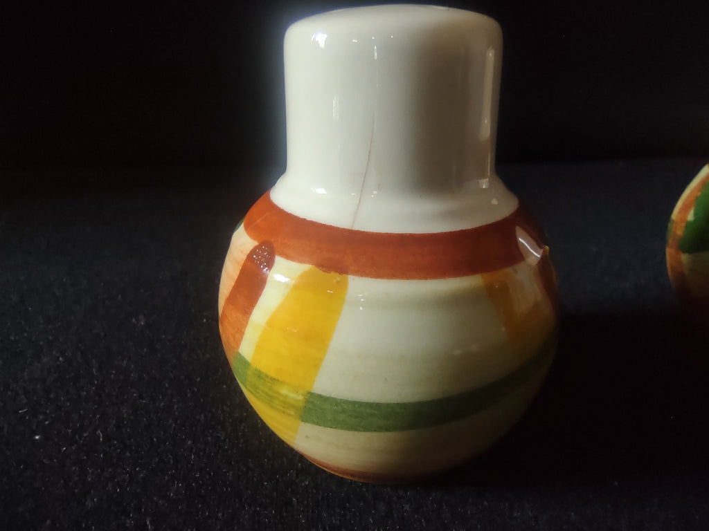 Vintage Vintonware Salt & Pepper Shakers bottom view showing unglazed base with orange and yellow banding