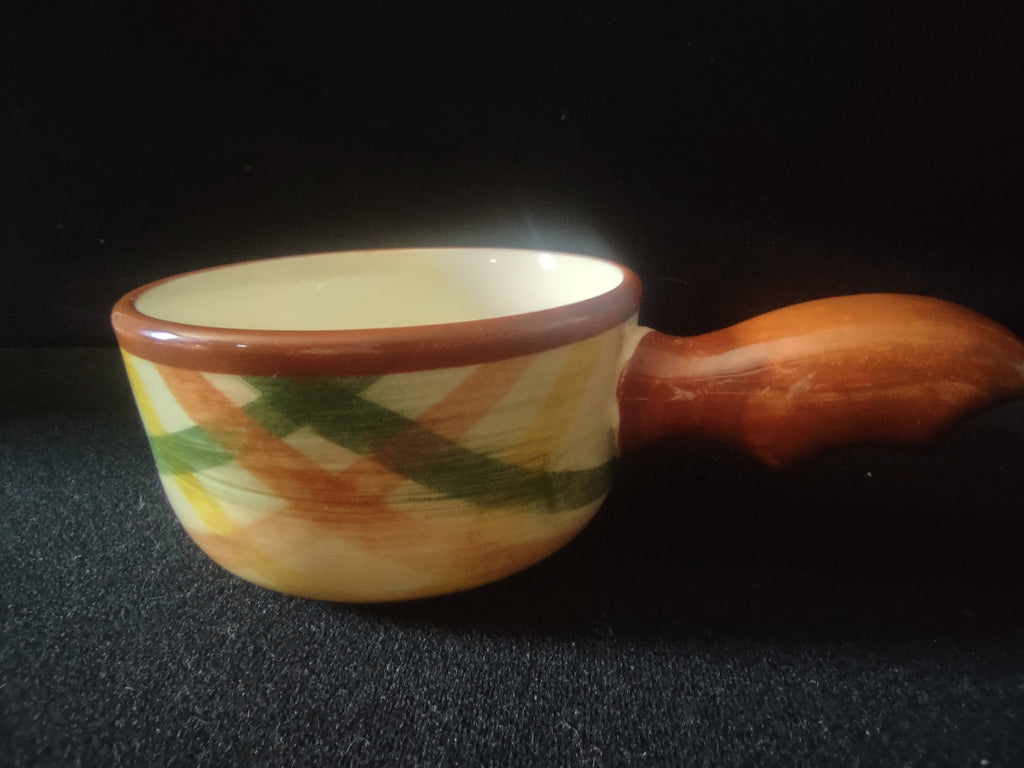 Vernonware Homespun handled soup bowl - top view showing off-white interior and brown rim