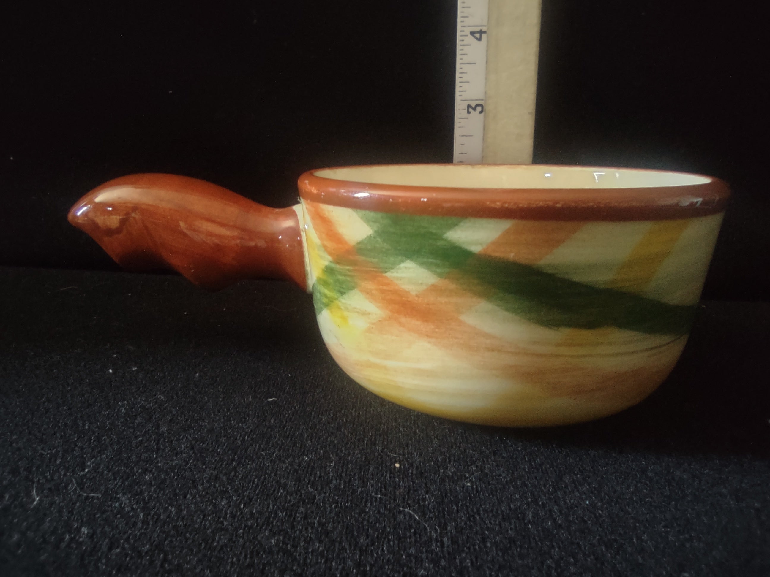 Vernonware Homespun handled soup bowl - side view showing green stripe banding and brown rim