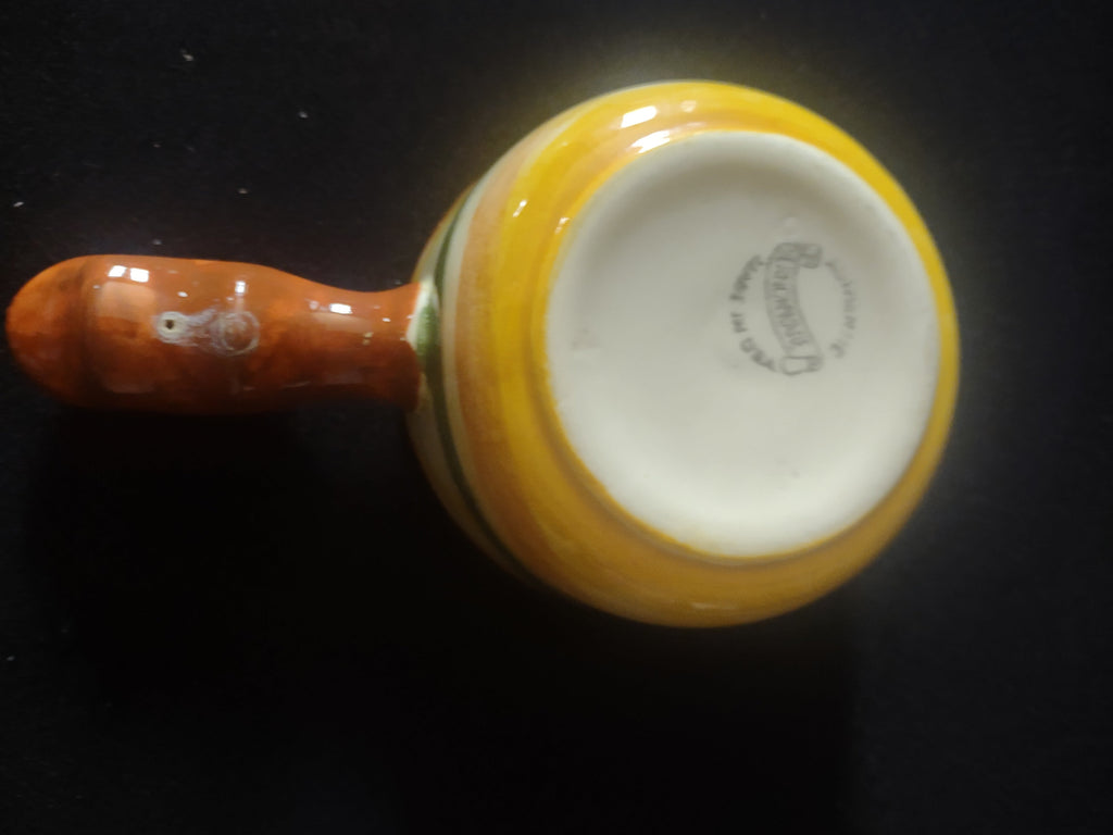 Vernonware Homespun handled soup bowl - side view with ruler showing approximately 3 inches tall